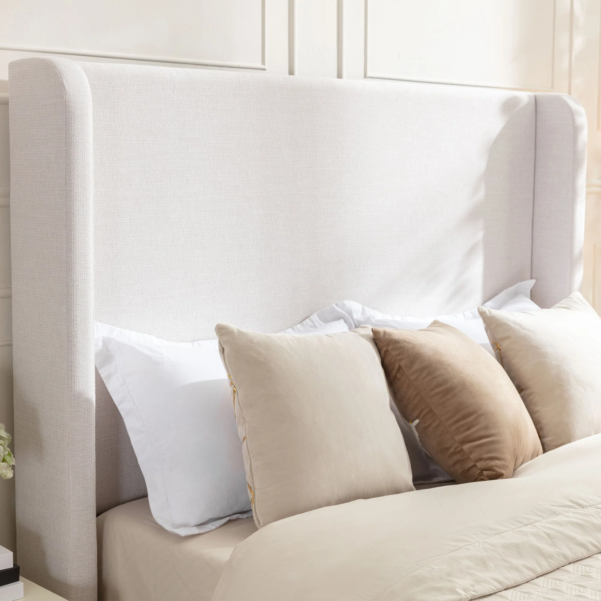 Hayden King Size Upholstered Wingback Bed with Textured Ivory Canvas and Tall 54' Headboard - Image 7