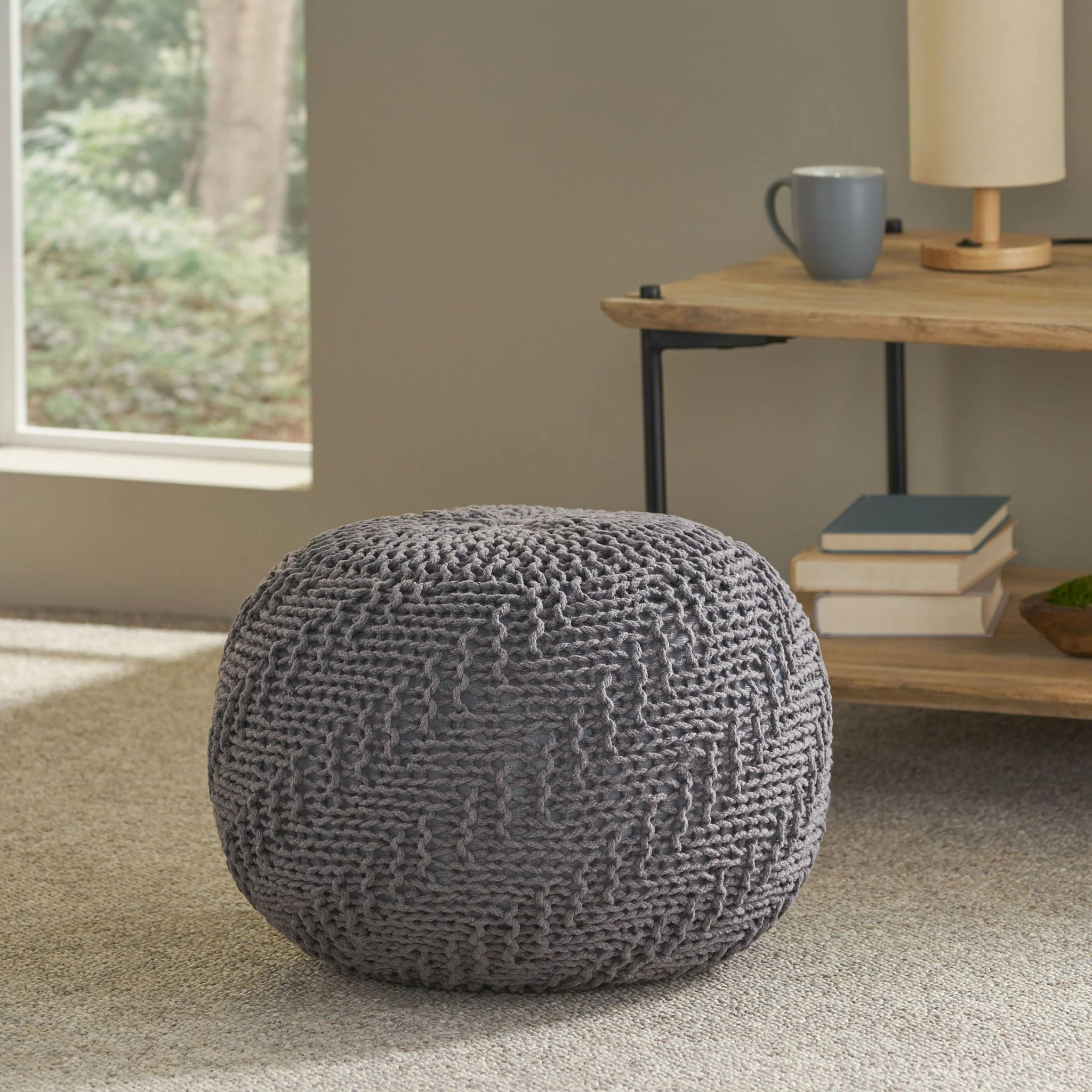 Hazel - Modern Knitted Cotton Yarn Round Pouf With Eco Friendly Pet Fibers - Dark Gray - Image 3