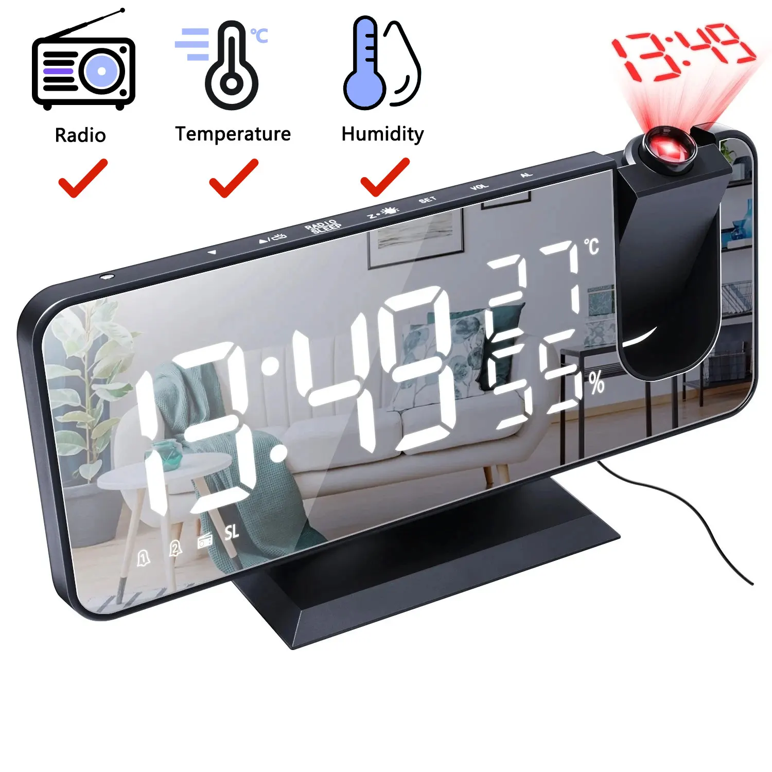HD Projection Alarm Clock Large LED Display Digital Smart Radio Auto Dimming - Image 10