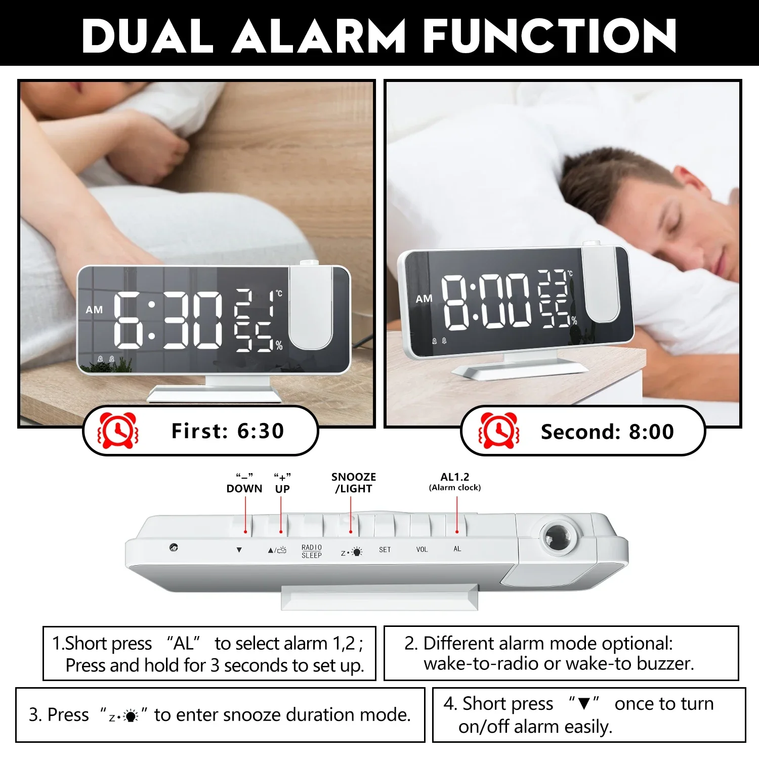 HD Projection Alarm Clock Large LED Display Digital Smart Radio Auto Dimming - Image 3