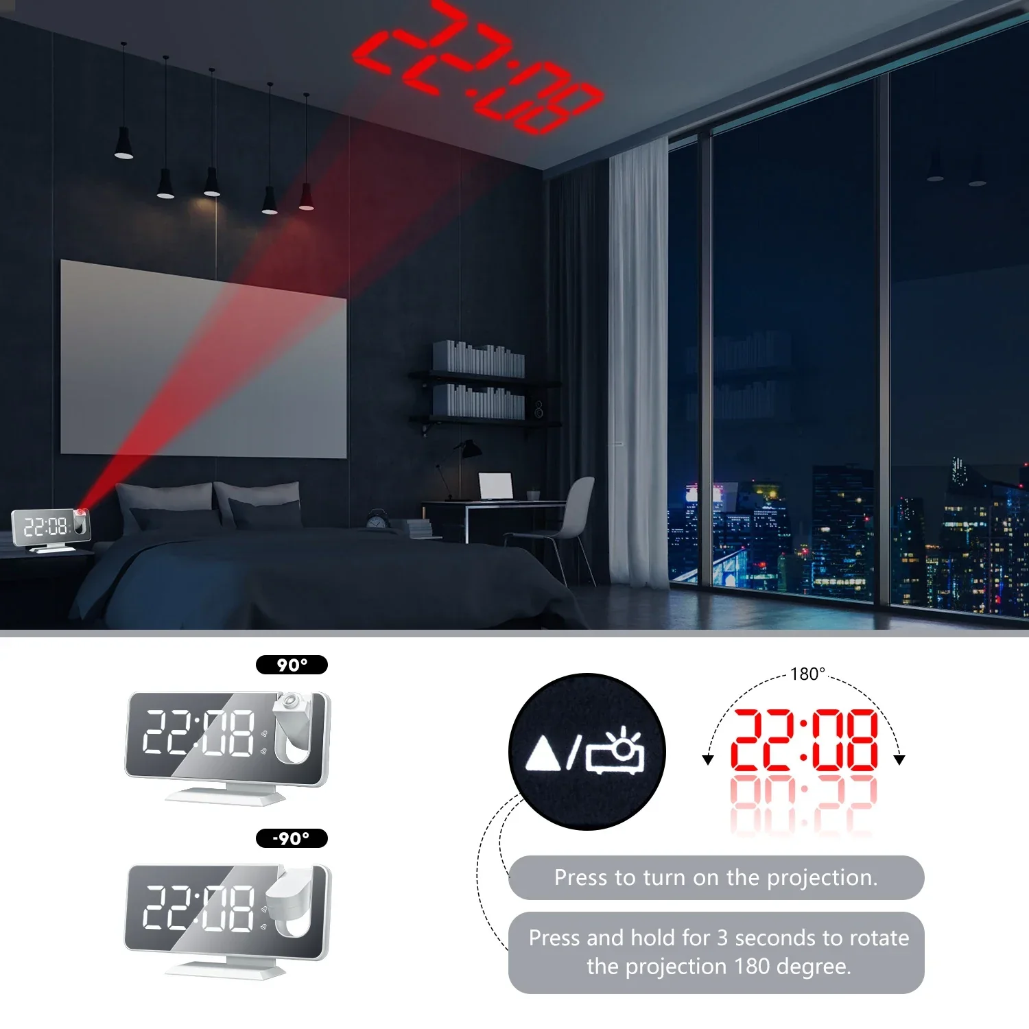 HD Projection Alarm Clock Large LED Display Digital Smart Radio Auto Dimming - Image 4