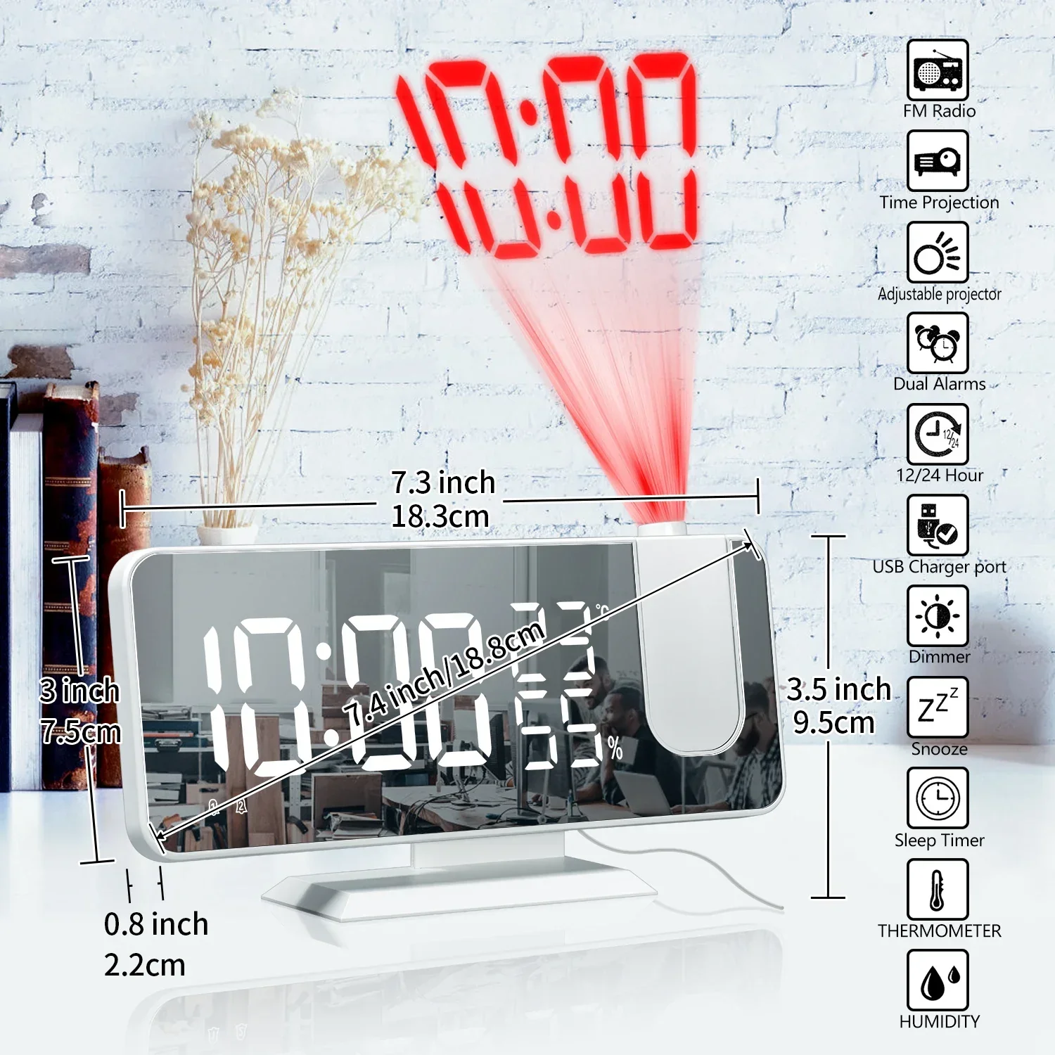 HD Projection Alarm Clock Large LED Display Digital Smart Radio Auto Dimming - Image 5