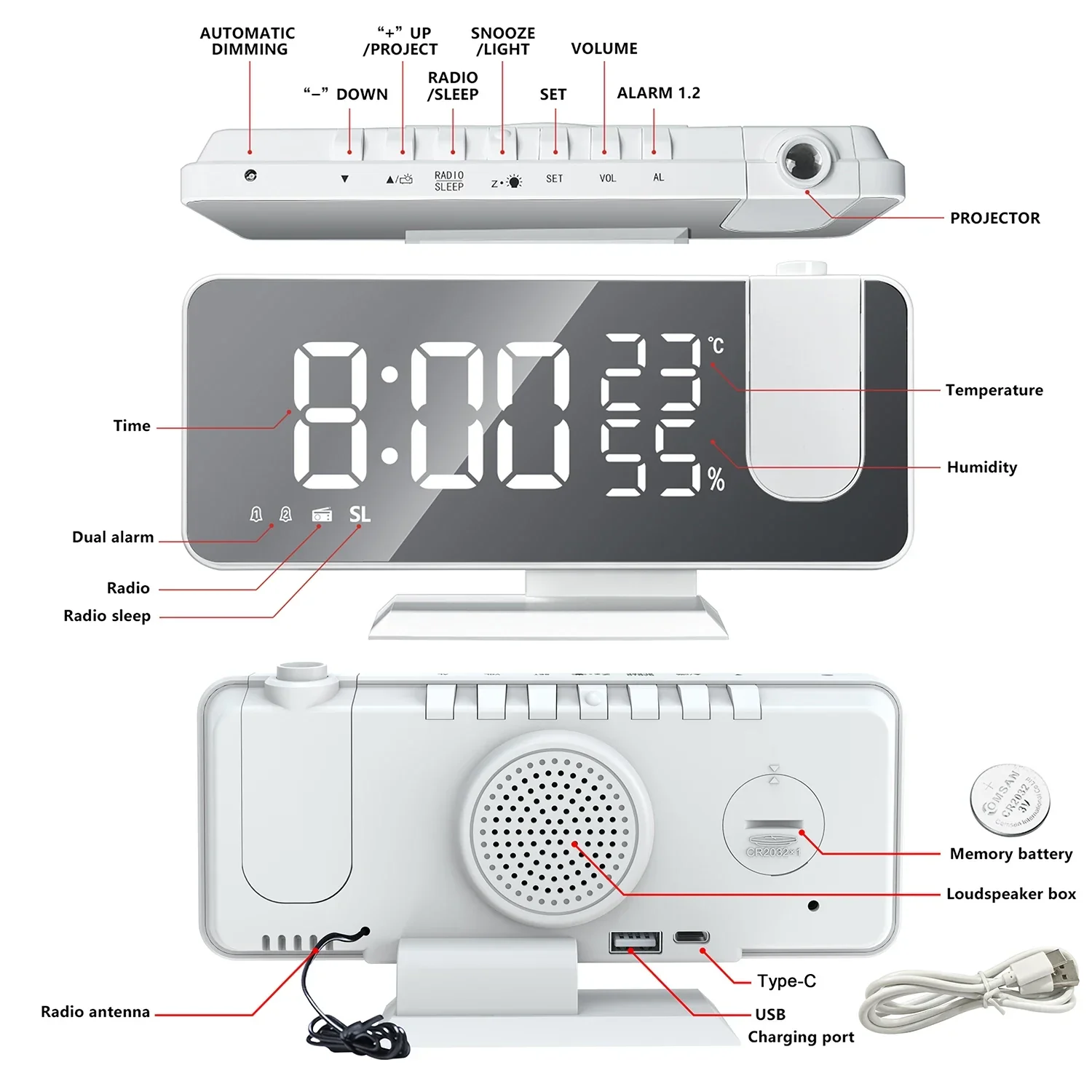 HD Projection Alarm Clock Large LED Display Digital Smart Radio Auto Dimming - Image 6