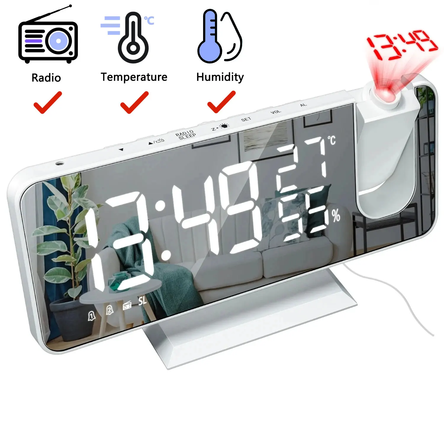 HD Projection Alarm Clock Large LED Display Digital Smart Radio Auto Dimming - Image 9