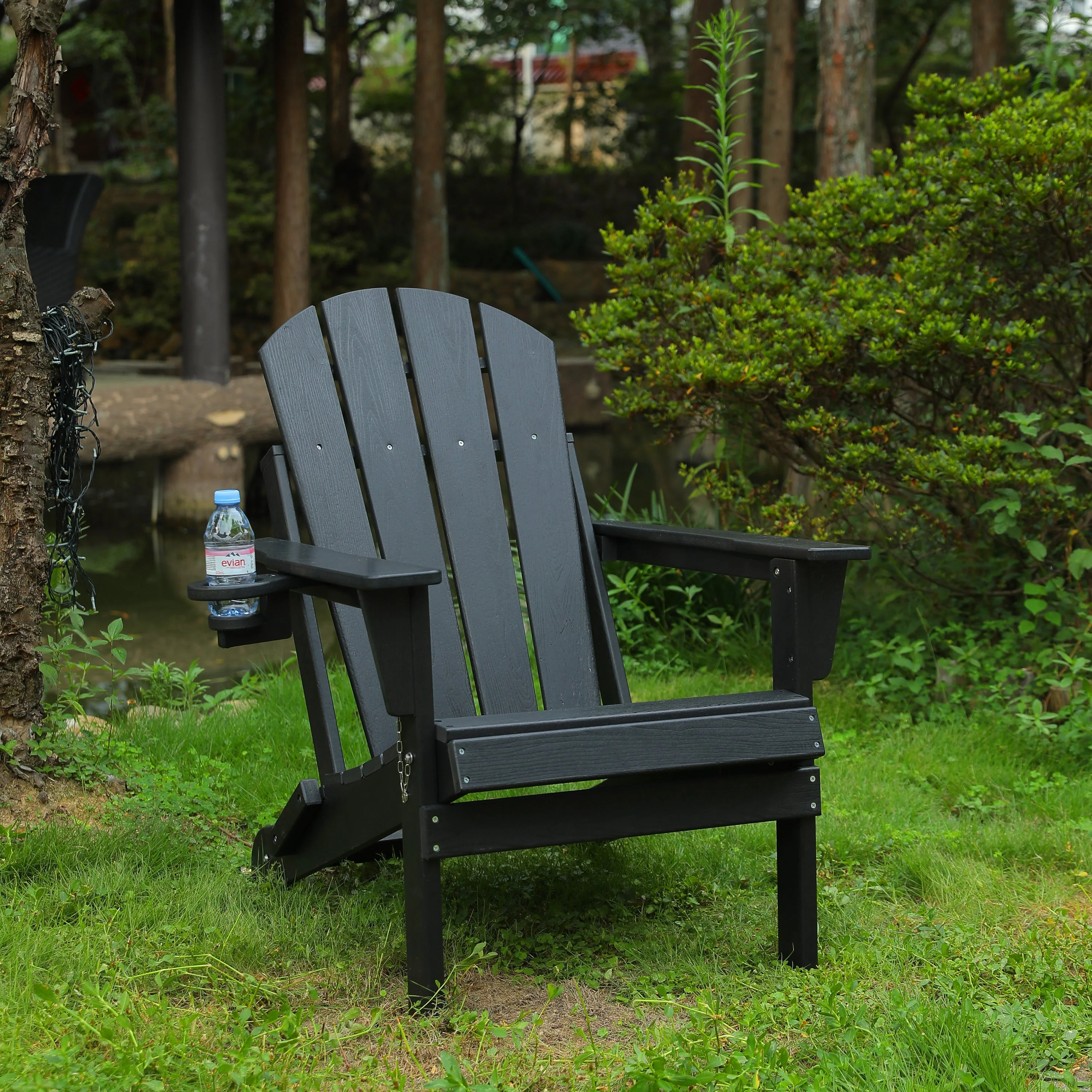 HDPE Folding Adirondack Chair with Dual Cup Holder - Black - Image 2