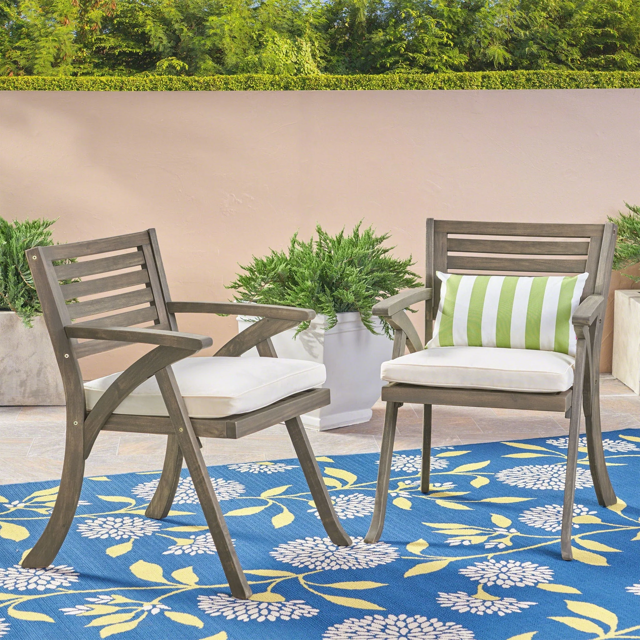 Helen Outdoor Acacia Wood Dining Chair Set of 2 - Gray / Creme - Image 3