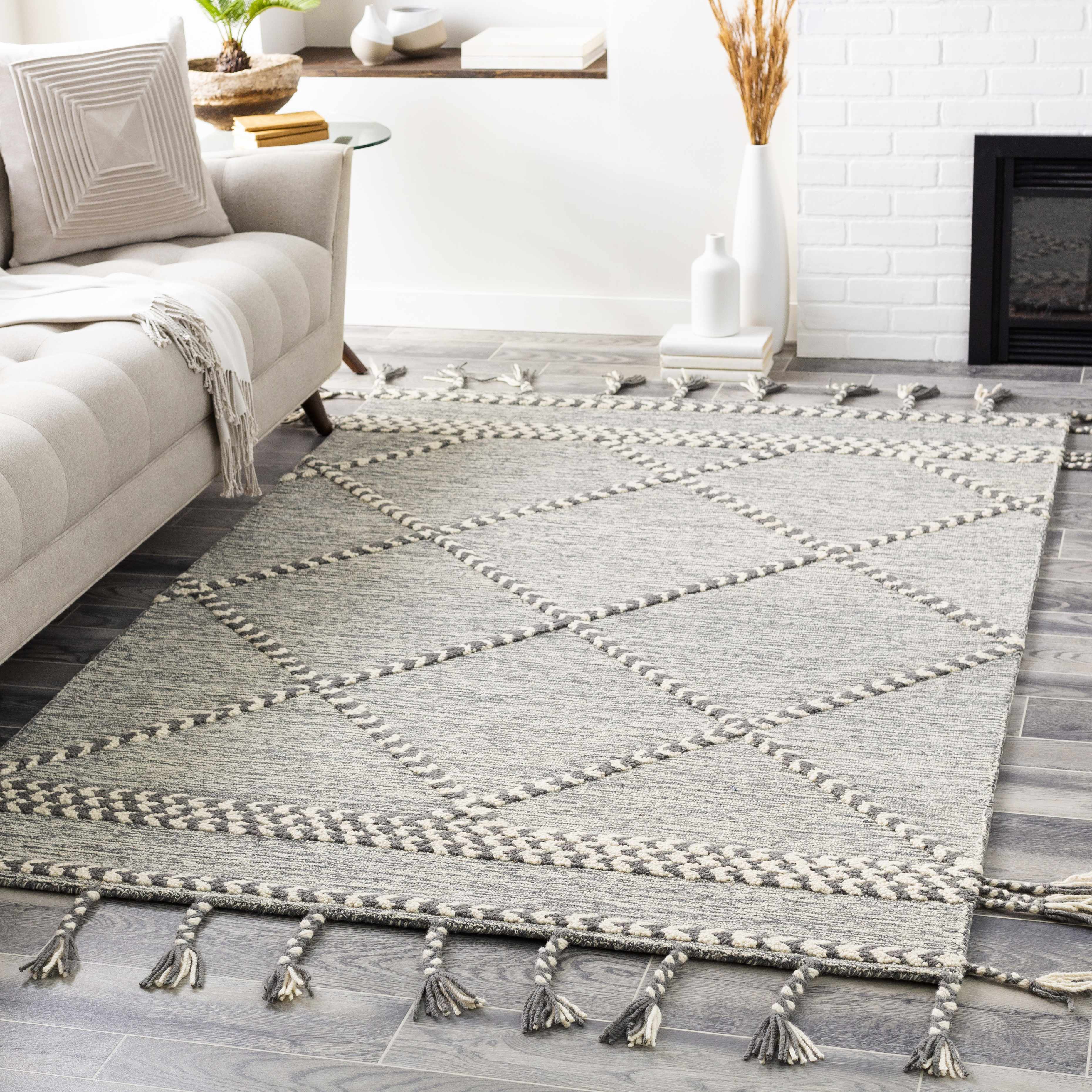 Hertfordshire Gray Trellis Tassel Wool Rug - Clearance - Image 2