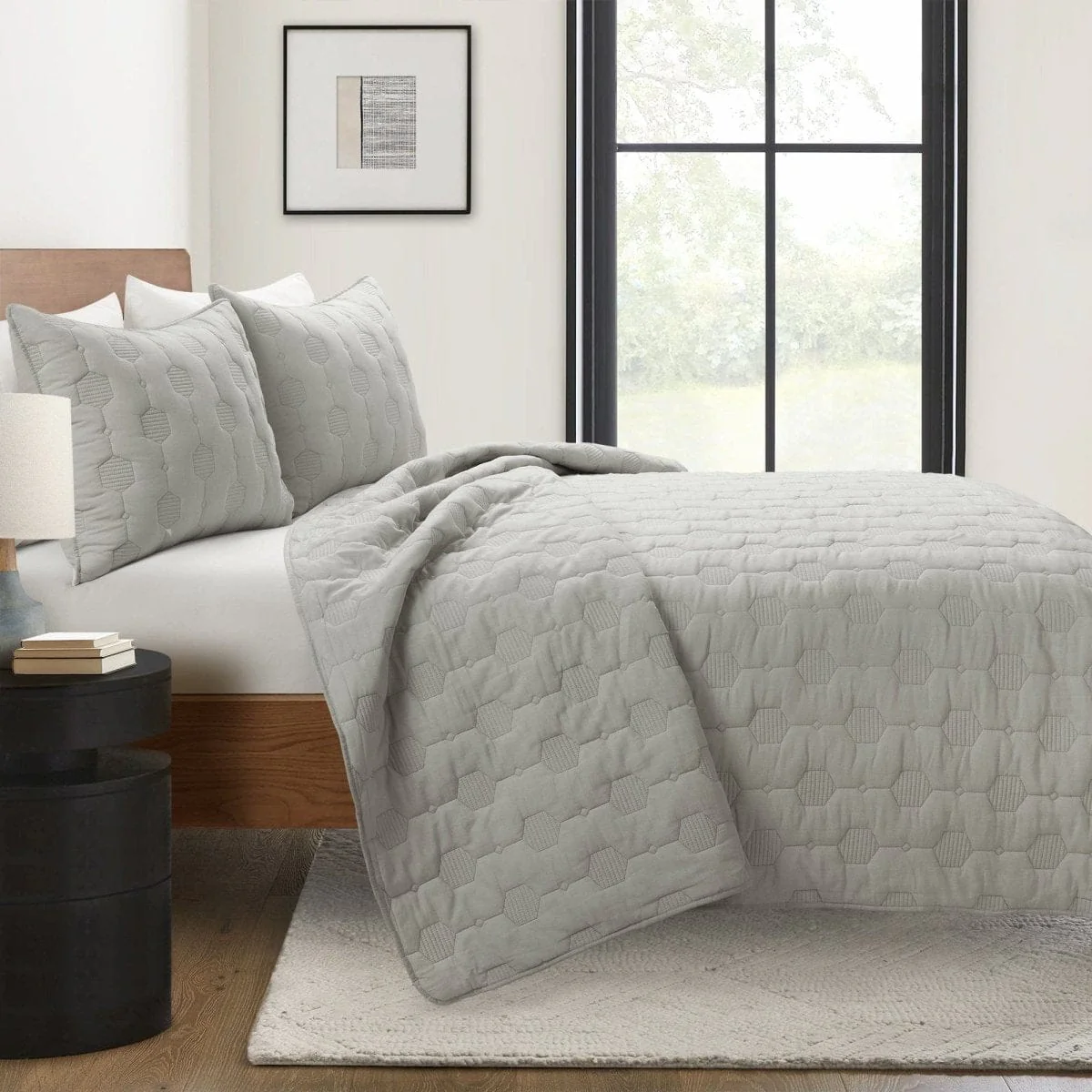 Hexagon Honeycomb Textured Cotton Quilt 3 Piece Set - Image 15