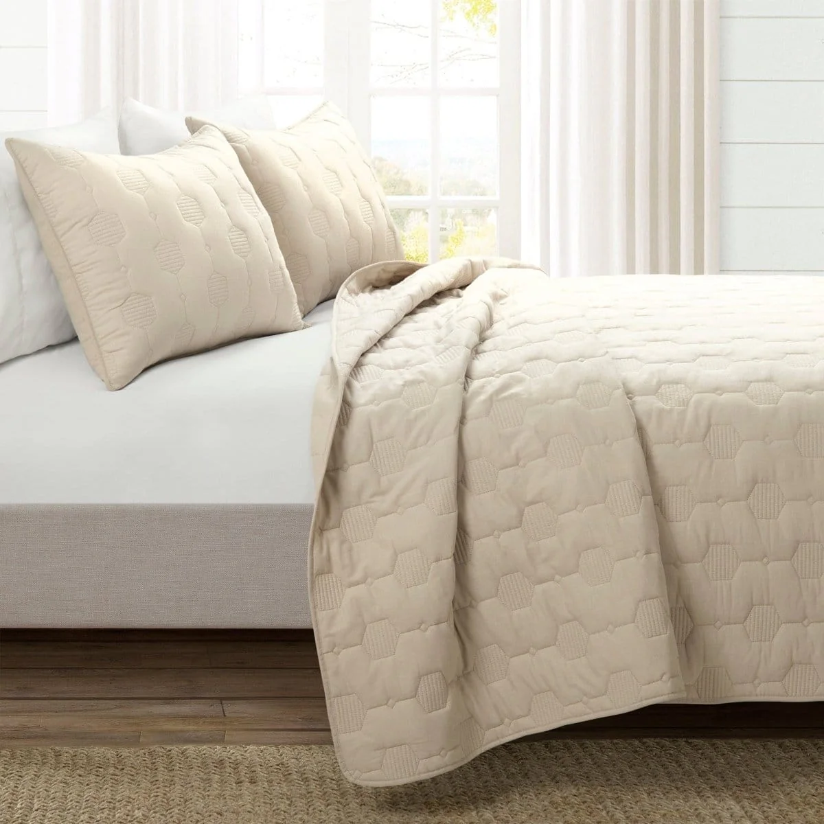 Hexagon Honeycomb Textured Cotton Quilt 3 Piece Set - Image 3