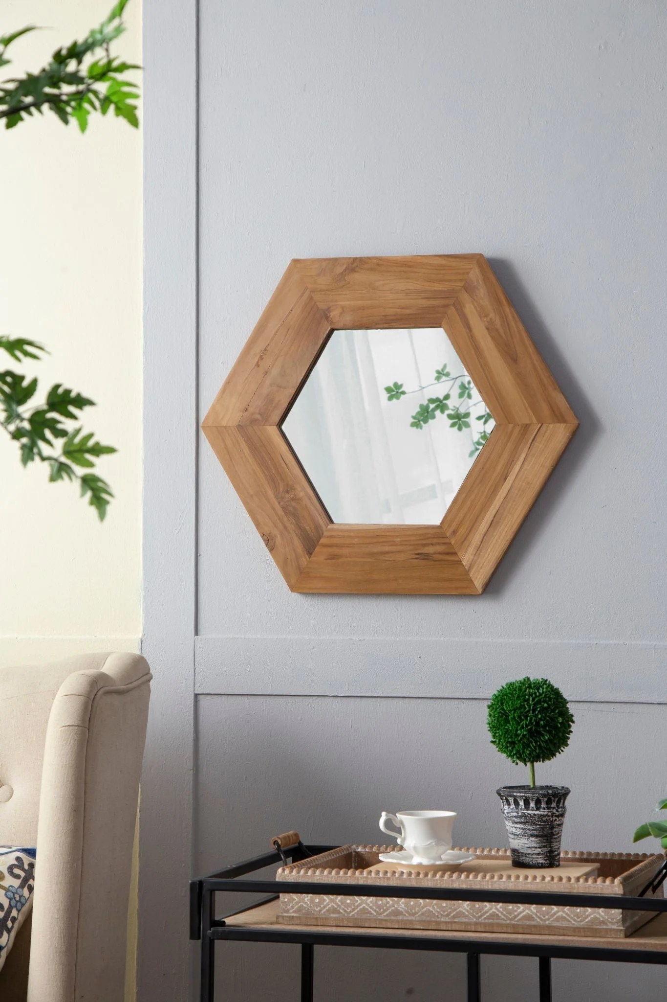 Hexagon Mirror With Natural Wood Frame - Image 17