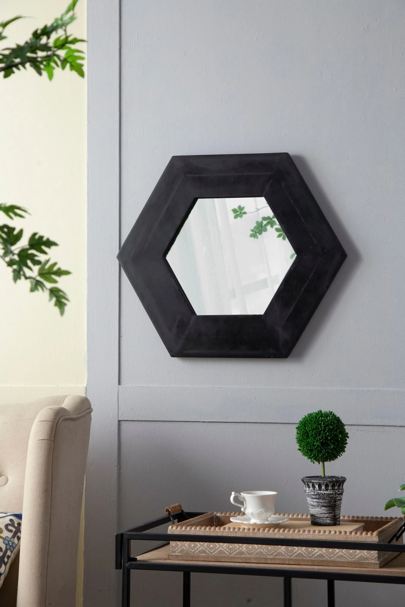 Hexagon Mirror With Natural Wood Frame - Image 3