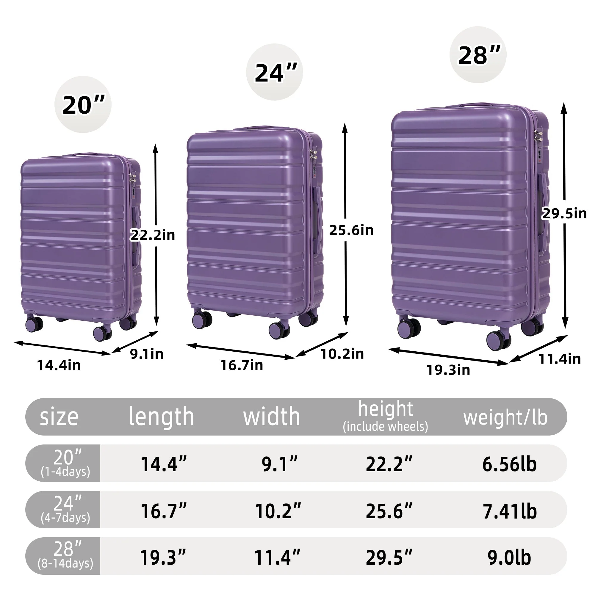 HIFINE Tourist 3-Piece ABS Spinner Wheel Luggage Set (Purple) - Image 3