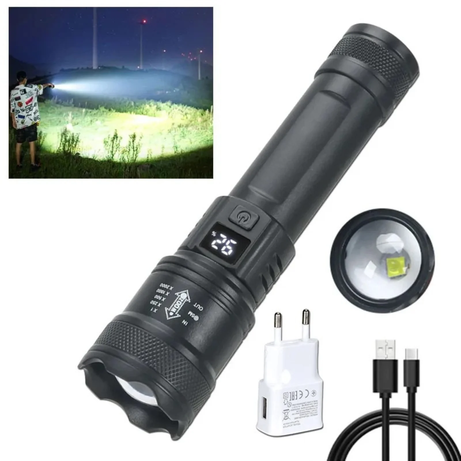 High Power LED Flashlight 2000LM Rechargeable Tactical Torch Zoom Camping - Image 8