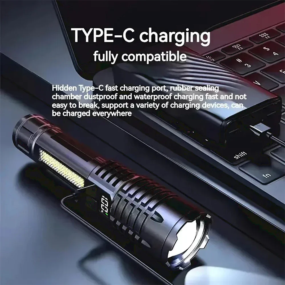 High Power LED Flashlight TYPE-C Rechargeable COB Torch Outdoor Camping Hiking Light - Image 5