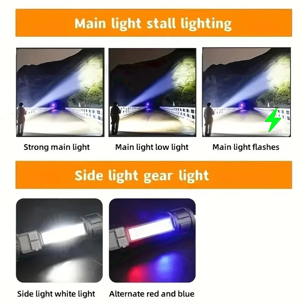 High Power LED Flashlight TYPE-C Rechargeable COB Torch Outdoor Camping Hiking Light - Image 6