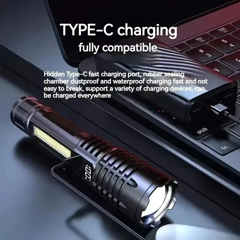 High Power LED Flashlight Type C Rechargeable COB Torch Side Light Camping - Image 8