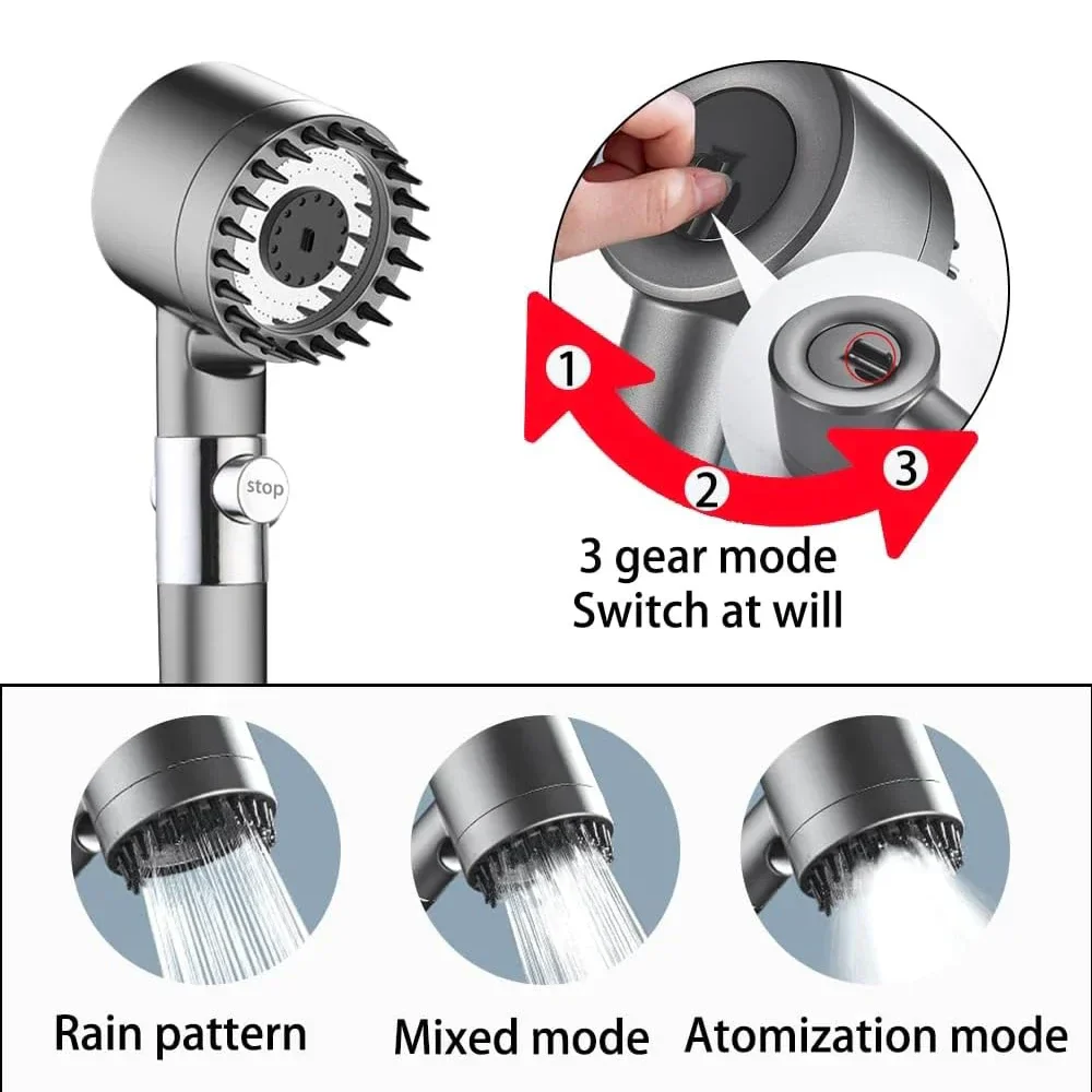 High Pressure Handheld Shower Head 3 Modes Filter Spa Spray with ON/OFF Water Save - Image 2