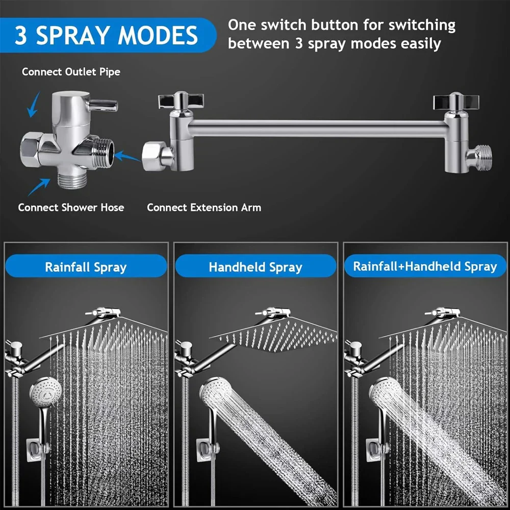 High Pressure Rain Shower Head 8-12Inch with Handheld & Adjustable Arm Spray - Image 5