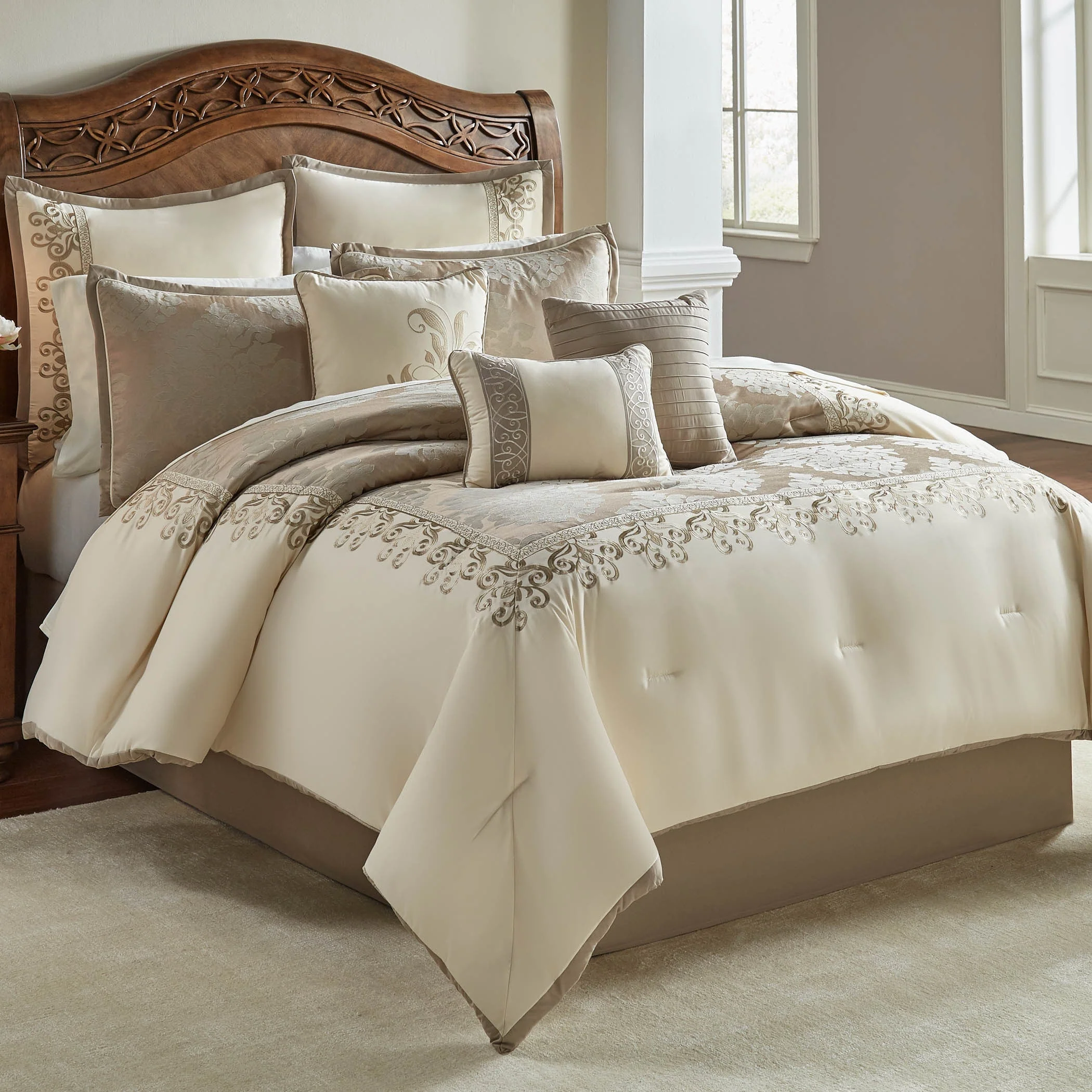 Hillcrest 9-Pc Ivory Damask Jacquard Comforter Ensemble - Image 2