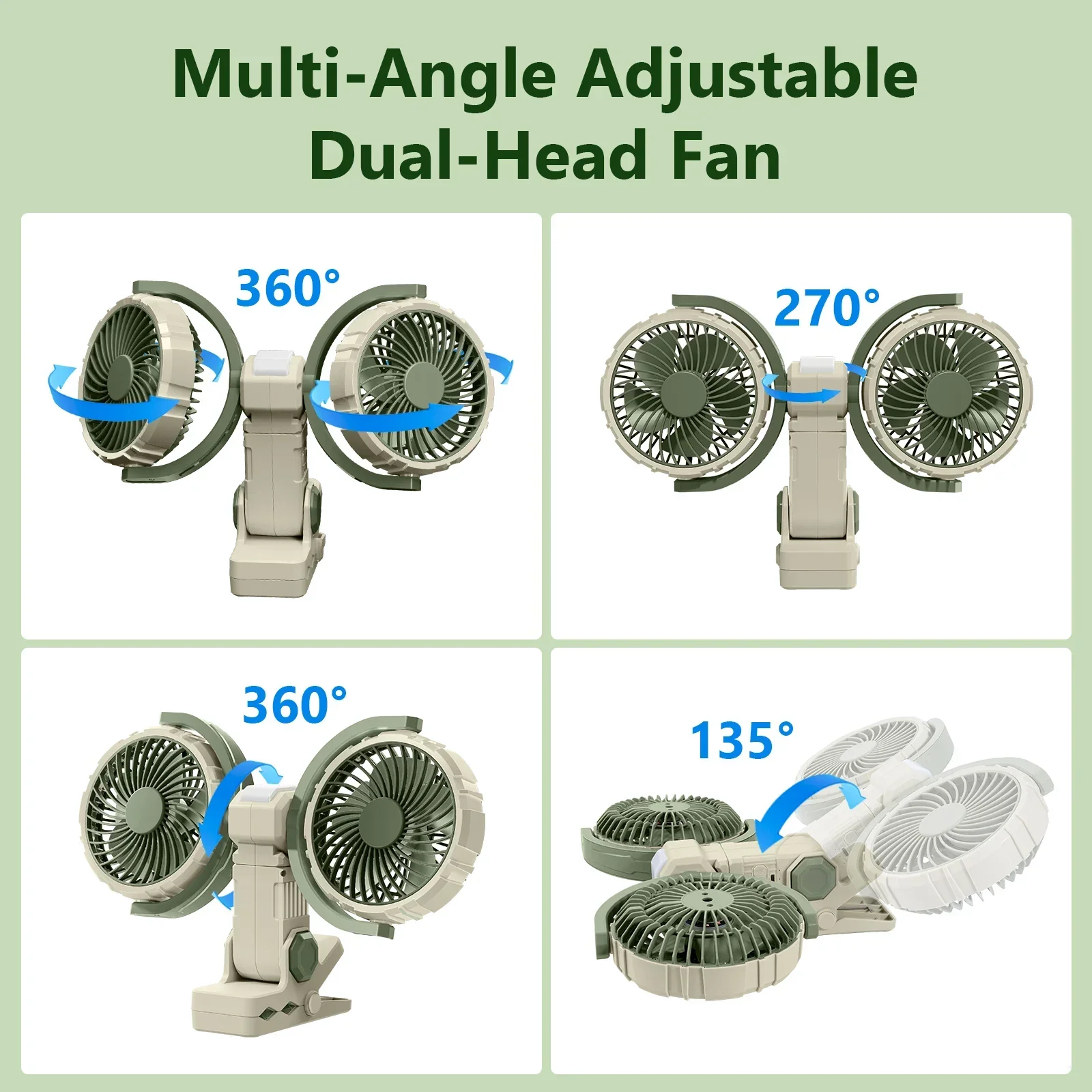 Hipacool Dual Head Car Clip Fan 4000mAh 3-Speed USB - Image 2