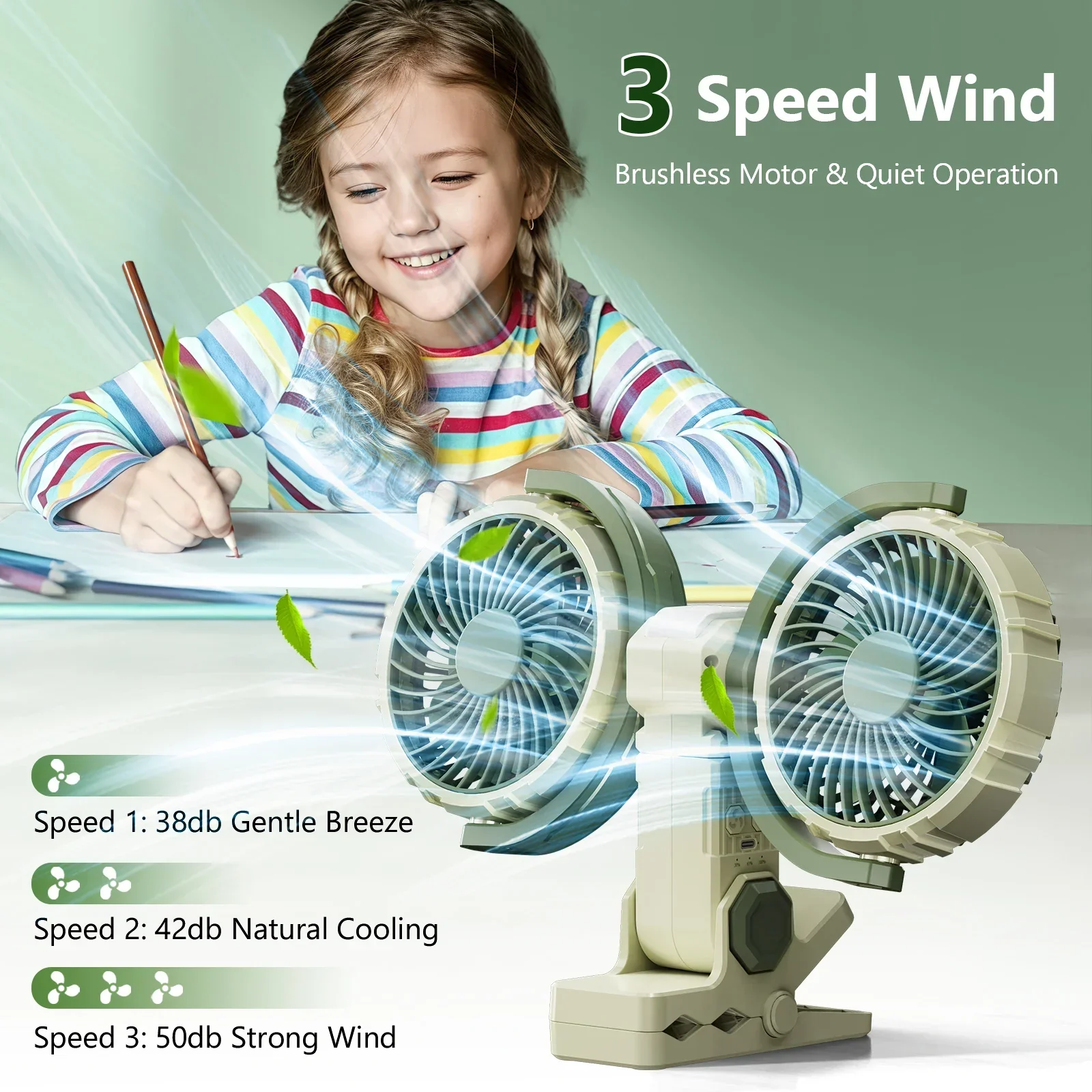 Hipacool Dual Head Car Clip Fan 4000mAh 3-Speed USB - Image 3