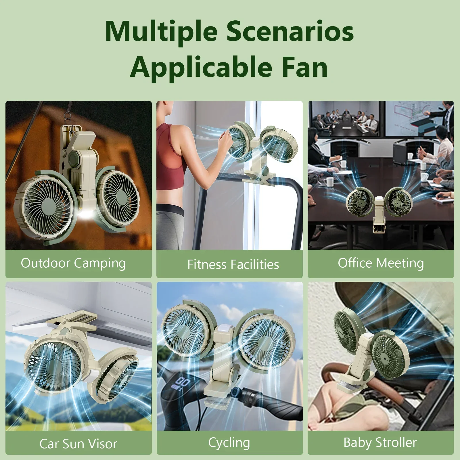 Hipacool Dual Head Car Clip Fan 4000mAh 3-Speed USB - Image 4