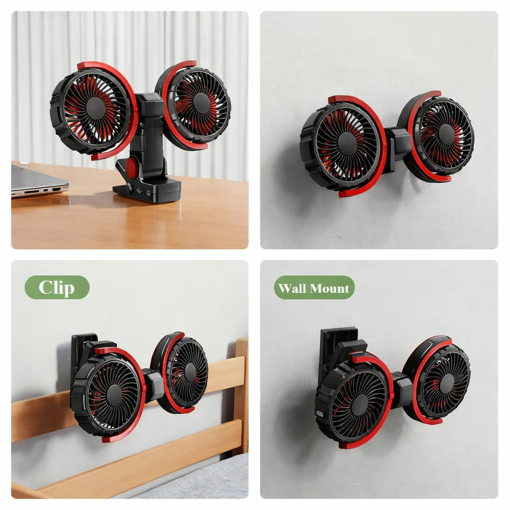 Hipacool Dual Head Car Clip Fan 4000mAh 3-Speed USB - Image 8