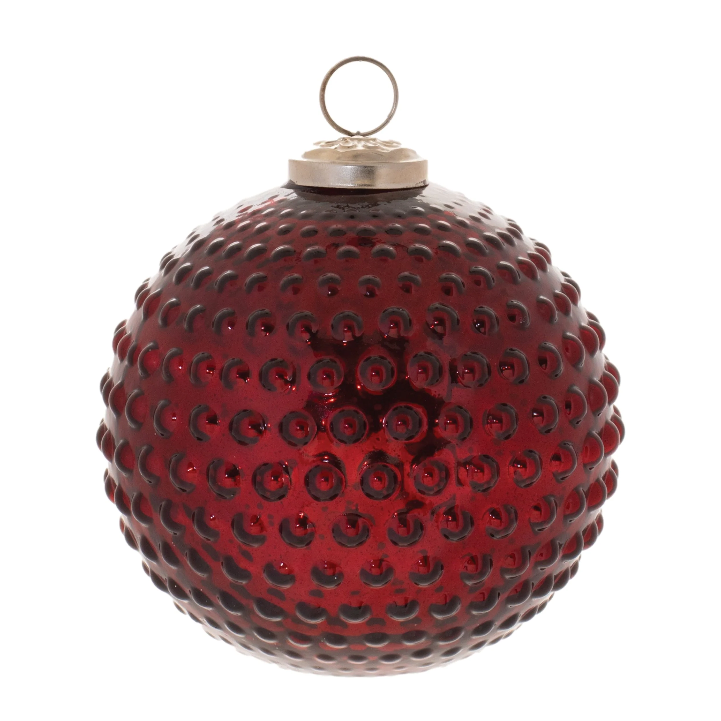 Hobnail Glass Ball Ornament Set of 4 with Burgundy Red Glass