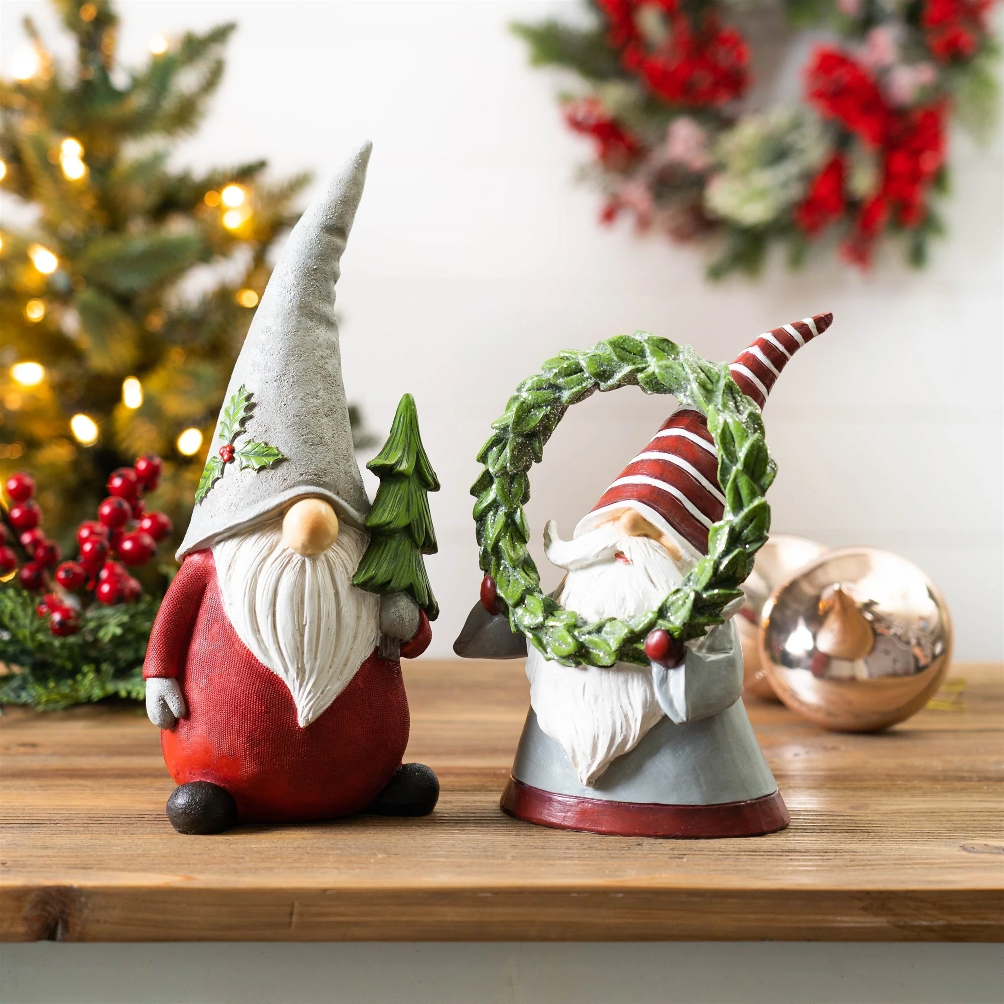 Holiday Gnome Figurine with Pine Tree and Wreath Accent (Set of 2) - Image 4