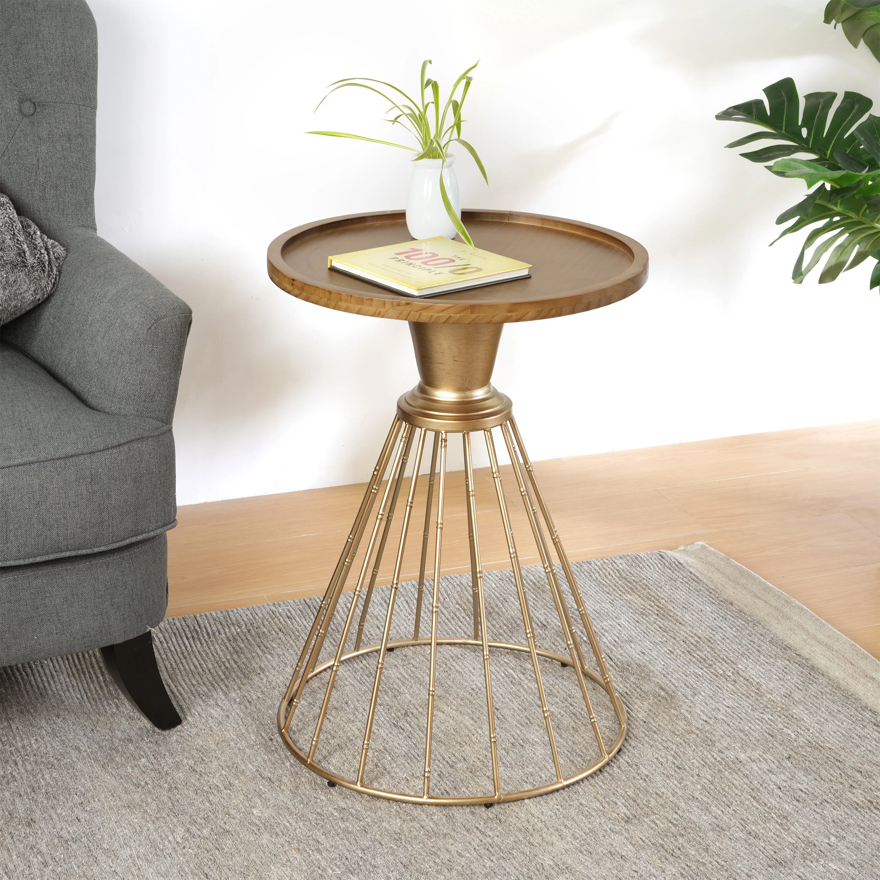 Hollow Edge Retro Art Pine Side Table with Antique Gold and Natural Color - Image 2