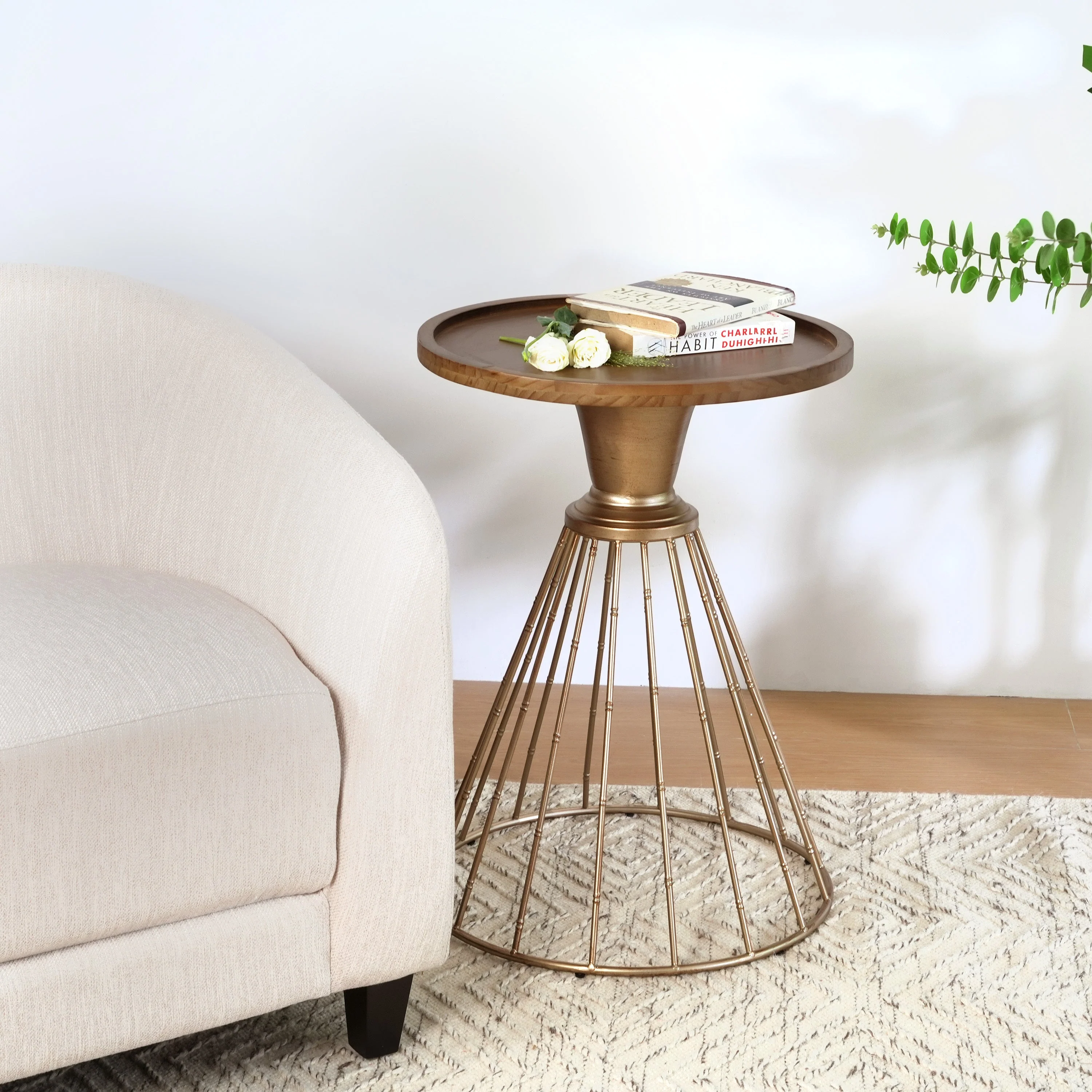 Hollow Edge Retro Art Pine Side Table with Antique Gold and Natural Color - Image 5