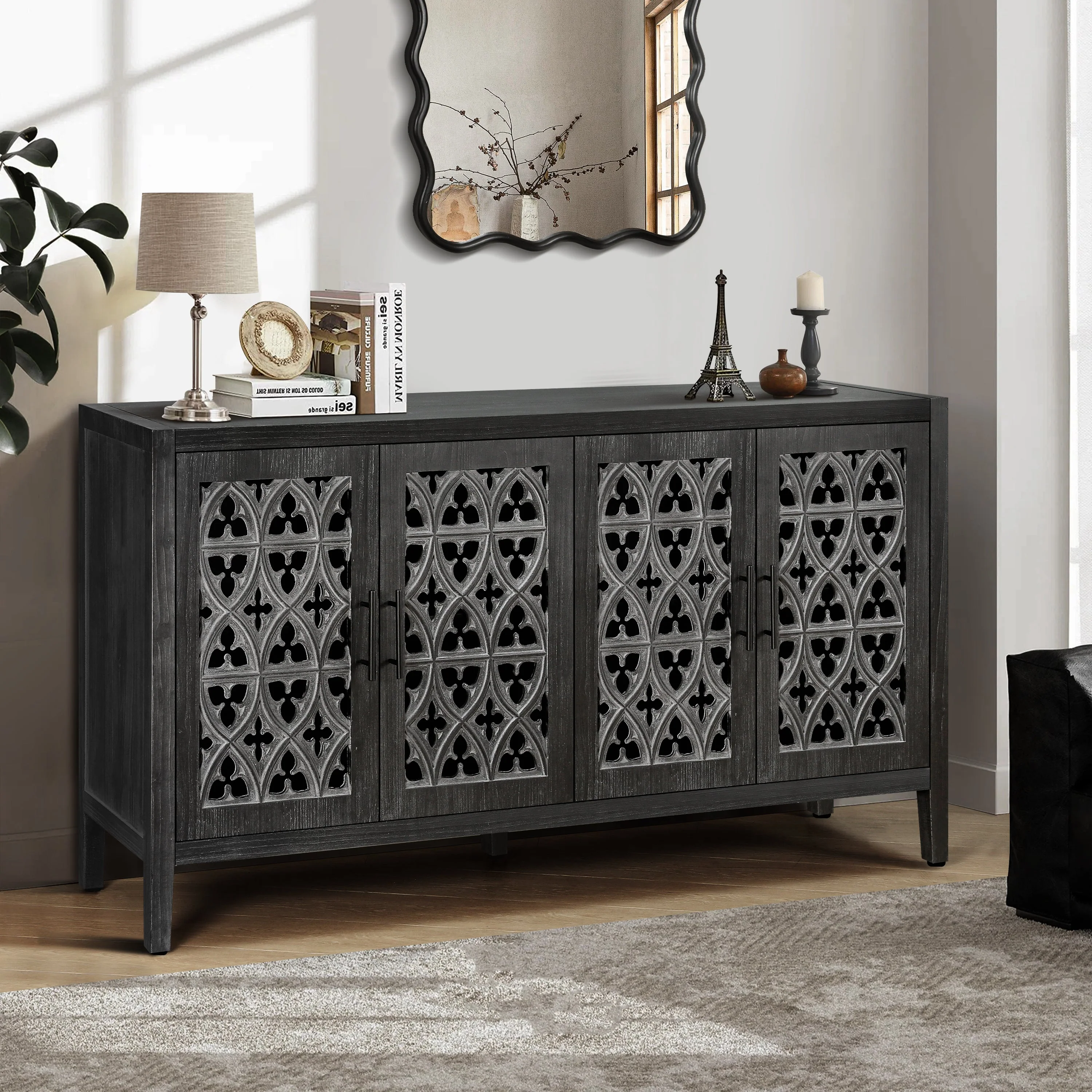 Hollow Four Door Antique Cabinet, American Country Style - Image 3
