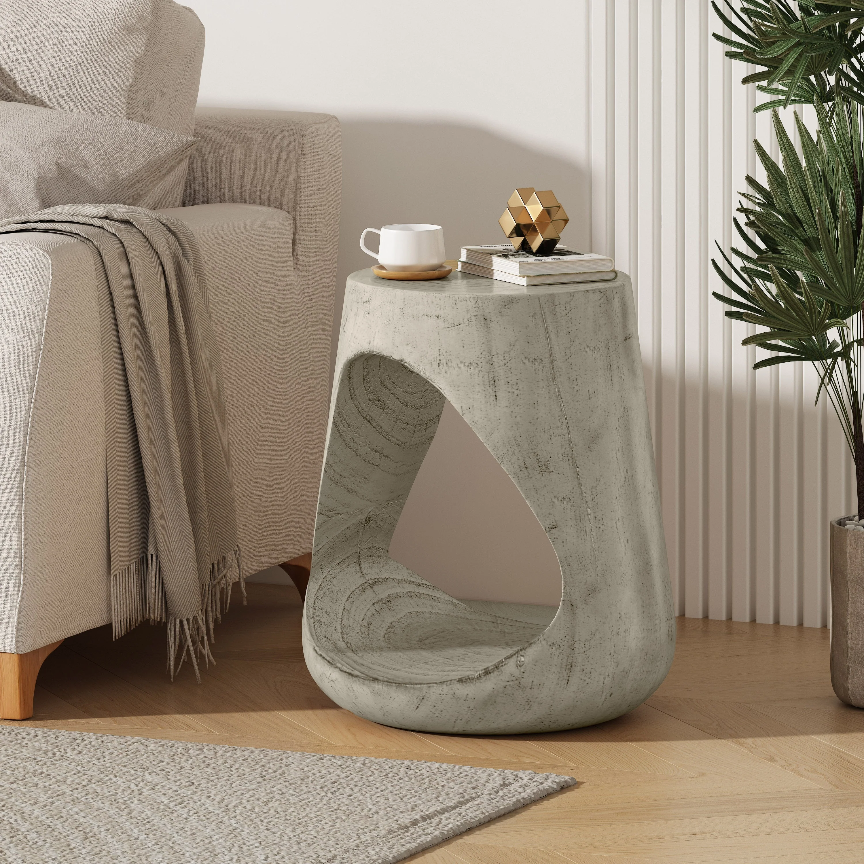 Hollow Side Table Wood-Like Texture Grey - Image 3