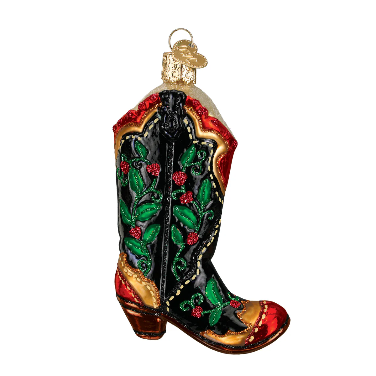 Holly Berry Cowboy Boot Glass Christmas Ornament - Image 3