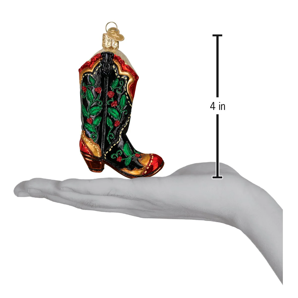 Holly Berry Cowboy Boot Glass Christmas Ornament - Image 4