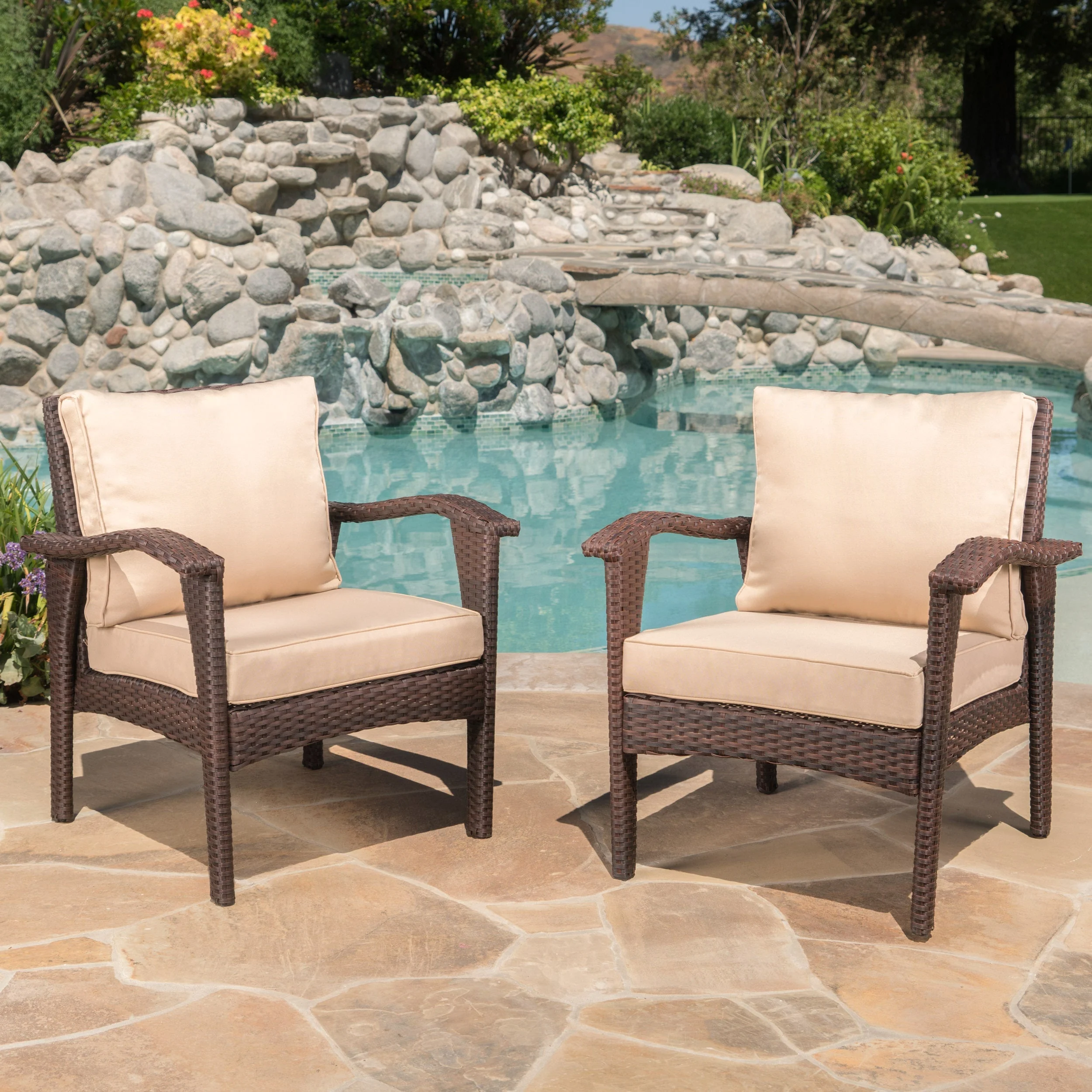 HONOLULU Brown Club Chair Set of 2 with Weather-Resistant Wicker Finish and Cushions - Image 4