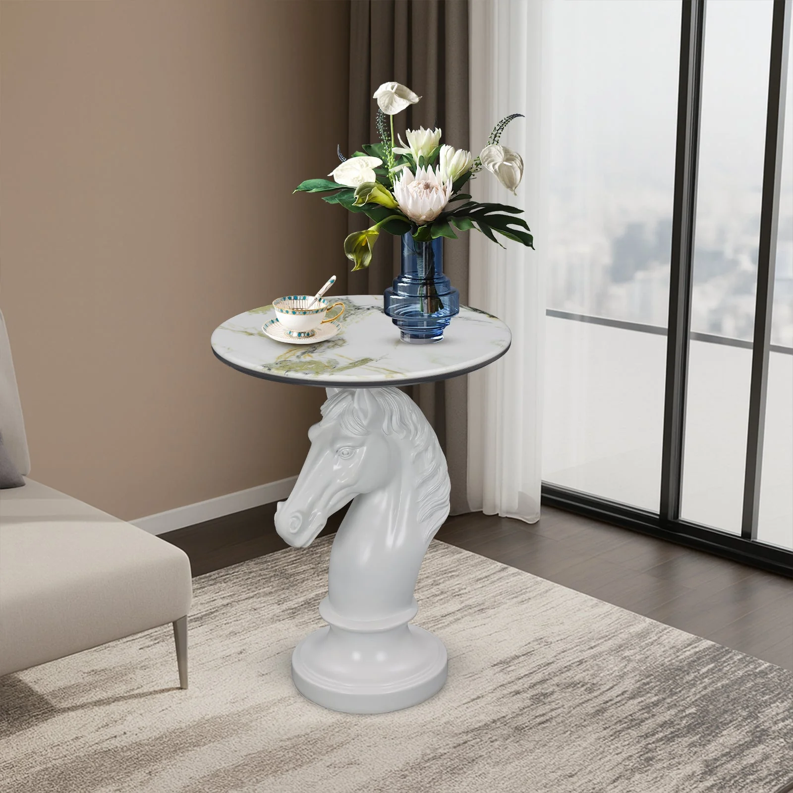 Horse Head Accent Table Animal Statue End Tables Livingroom, White - Image 6