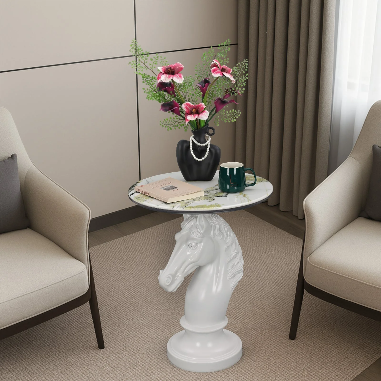 Horse Head Accent Table Animal Statue End Tables Livingroom, White - Image 9