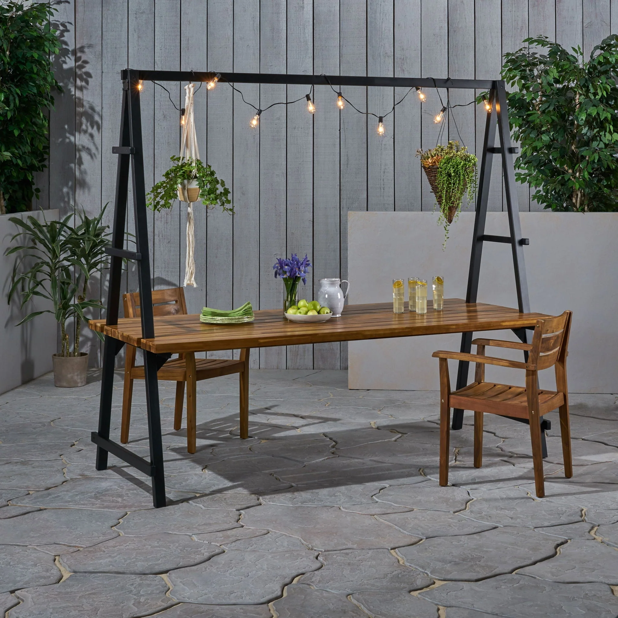 Huckleberry Acacia Wood Outdoor Dining Table With Plant Hanger - Teak - Image 2