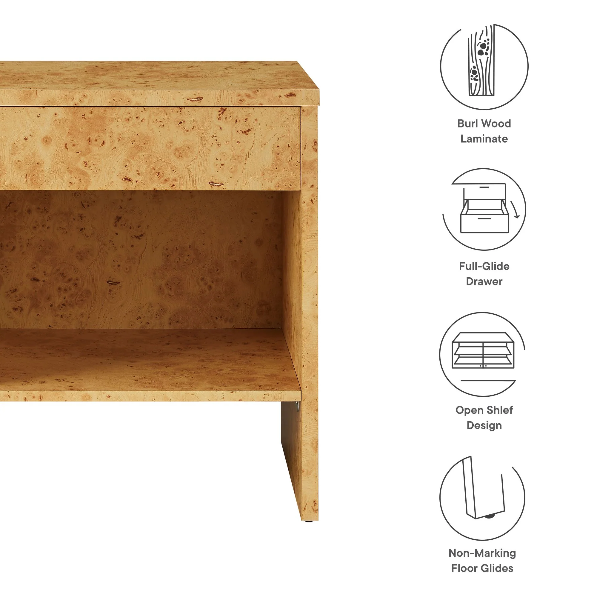 Hudson 1-Drawer Burl Wood Nightstand with Shelf - Image 3