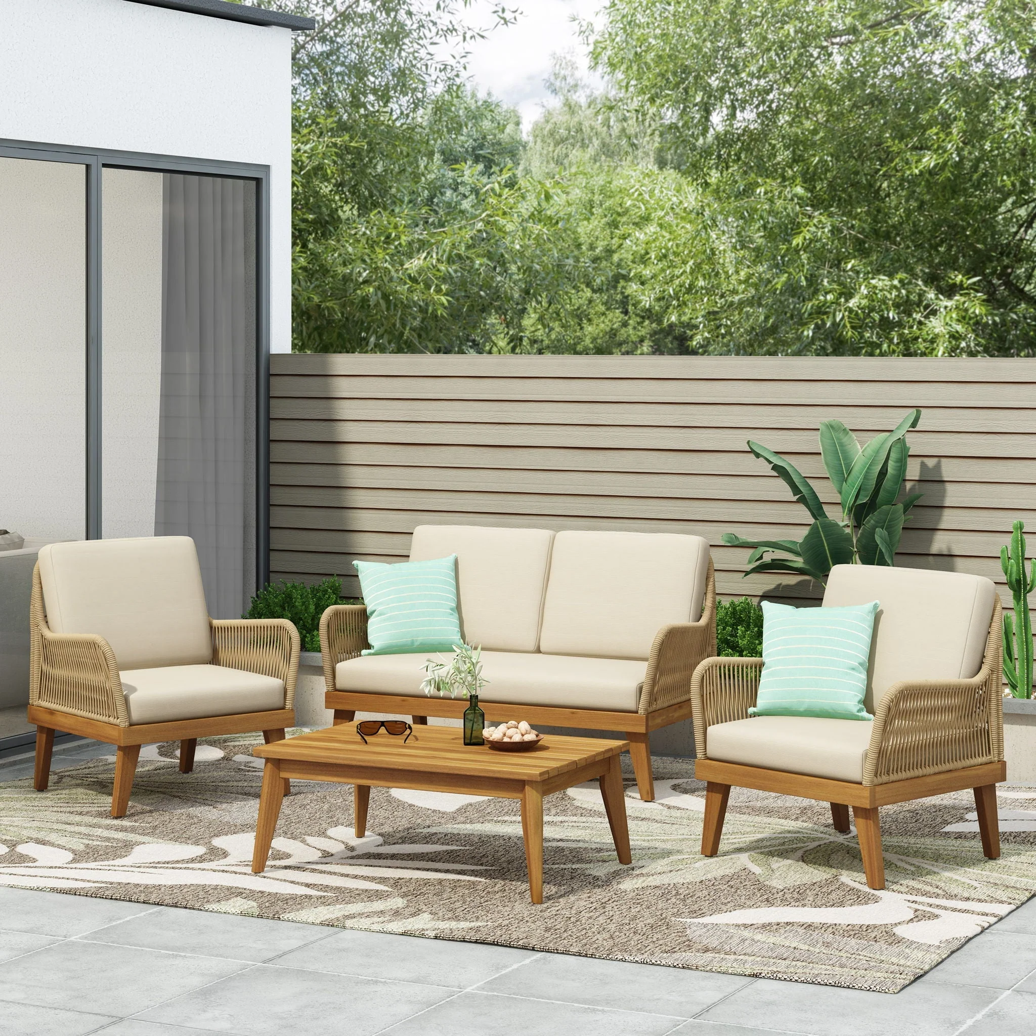 Hueber - Outdoor And Rope 4 Seater Chat Set With Cushions - Teak - Image 2