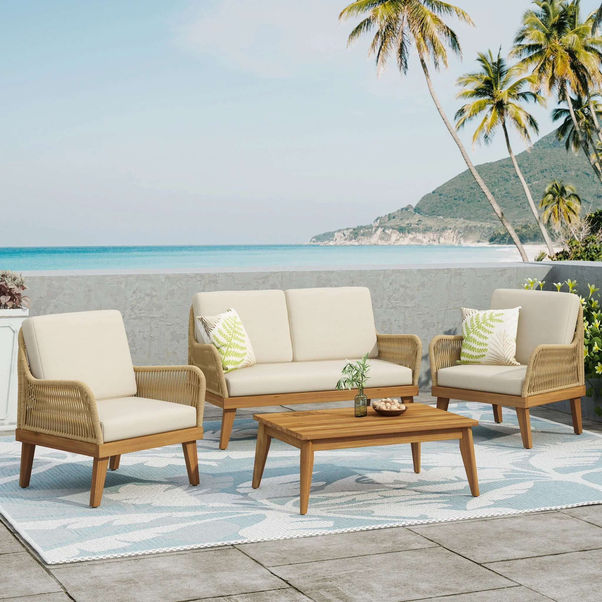 Hueber - Outdoor And Rope 4 Seater Chat Set With Cushions - Teak - Image 4