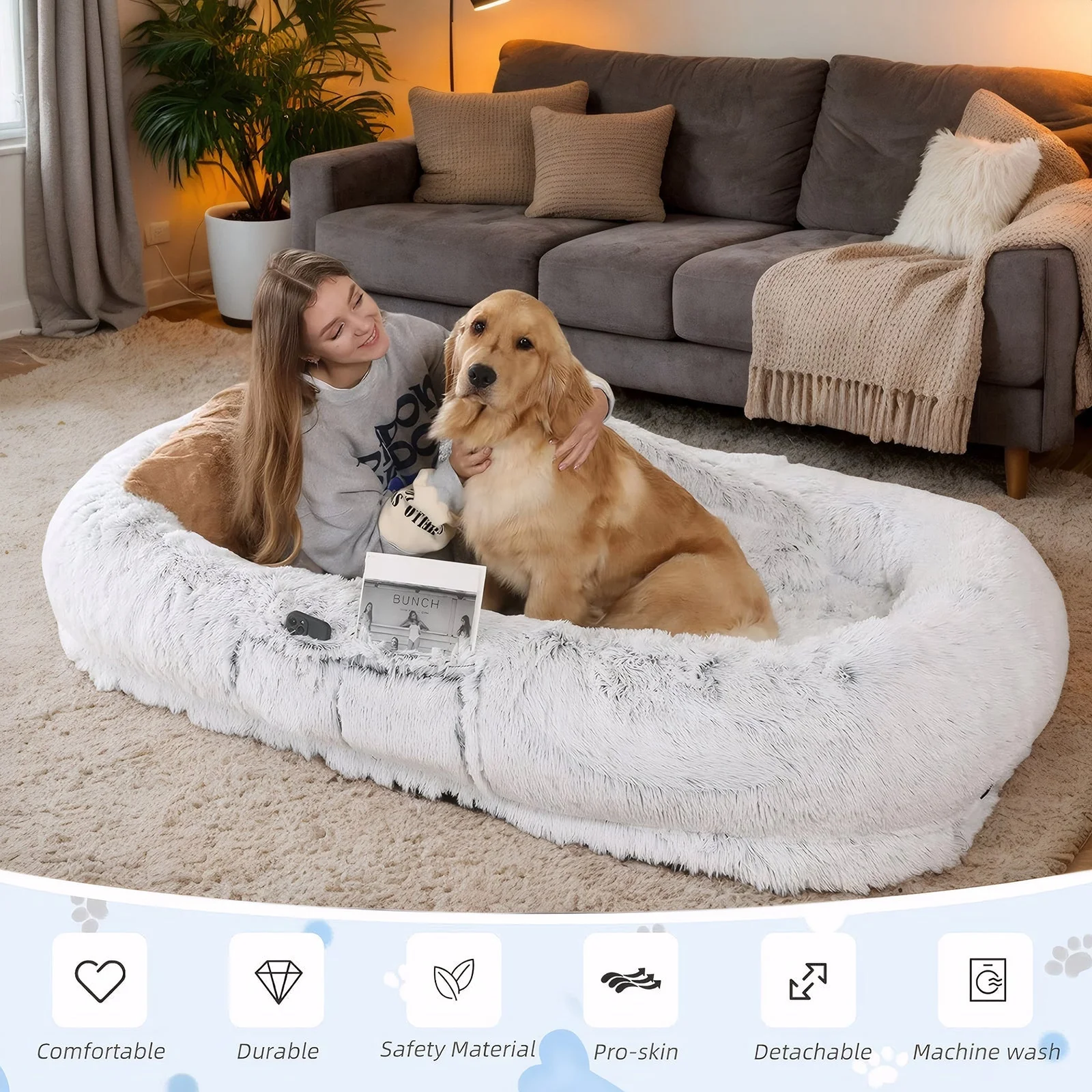 Human Dog Bed with Washable Faux Fur and Orthopedic Support - Image 2