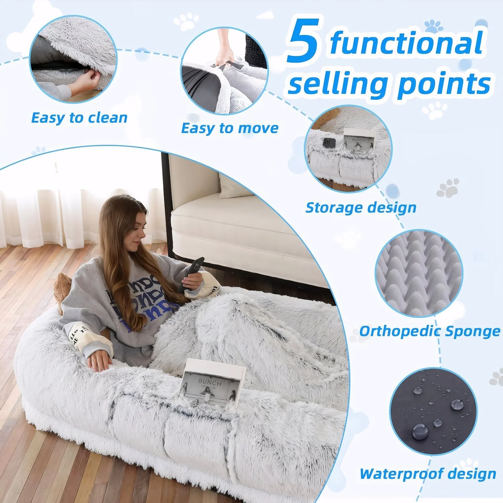 Human Dog Bed with Washable Faux Fur and Orthopedic Support - Image 3