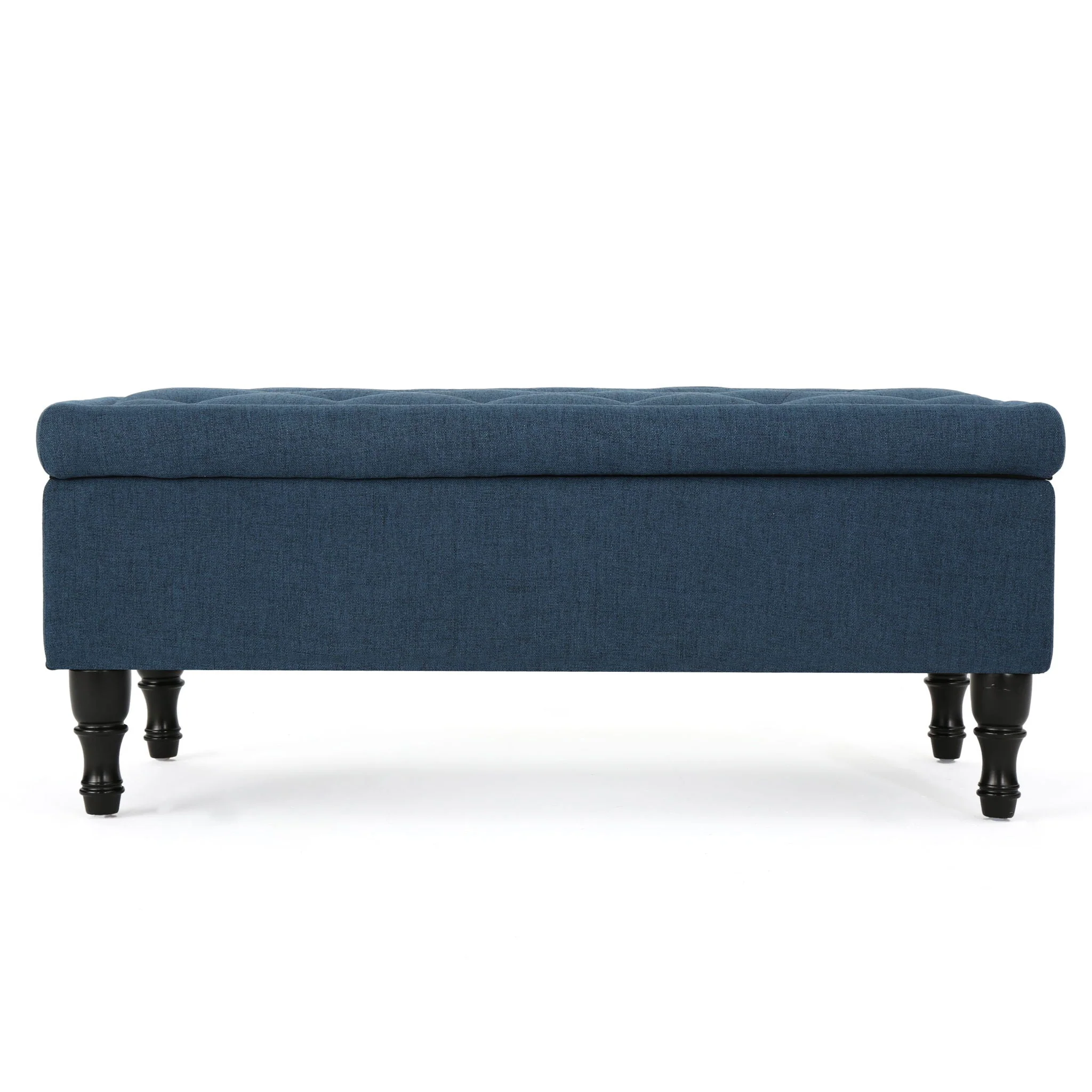 Hyatt - Suede Storage Ottoman With Tufted Top And Dark Wooden Legs - Navy Blue - Image 3