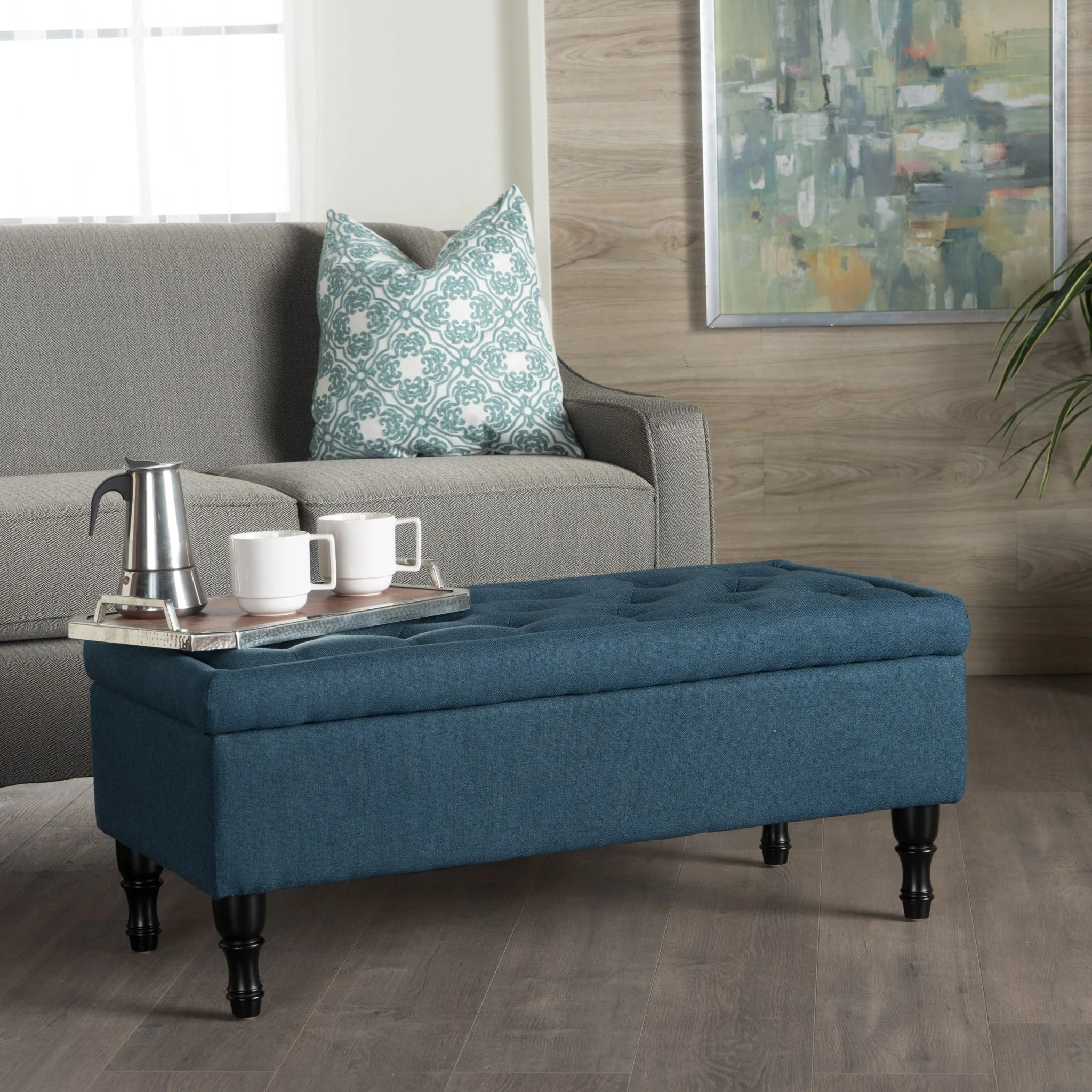 Hyatt - Suede Storage Ottoman With Tufted Top And Dark Wooden Legs - Navy Blue - Image 4