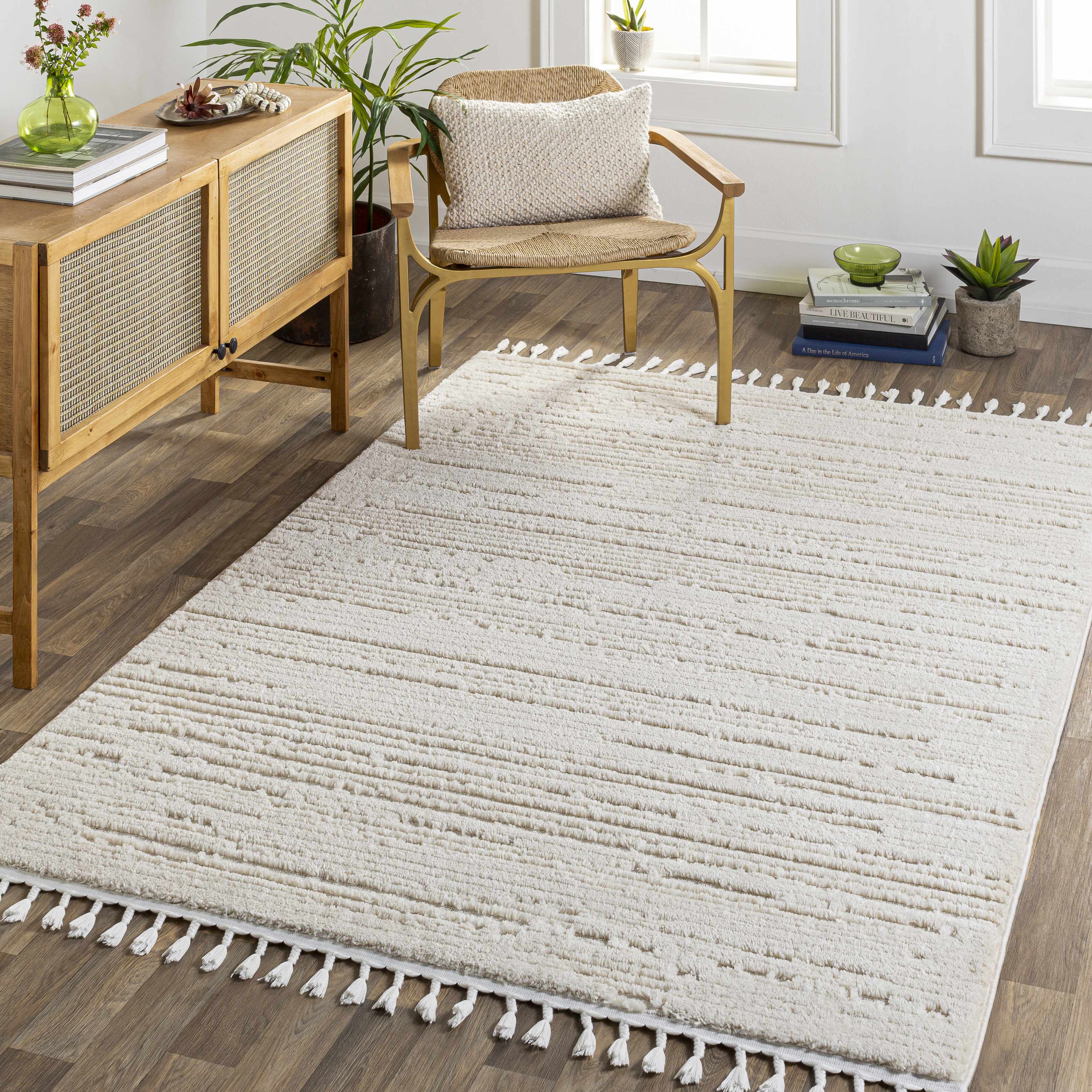 Ibarra Textured Ivory High/Low Pile Rug with Tassels - Image 10