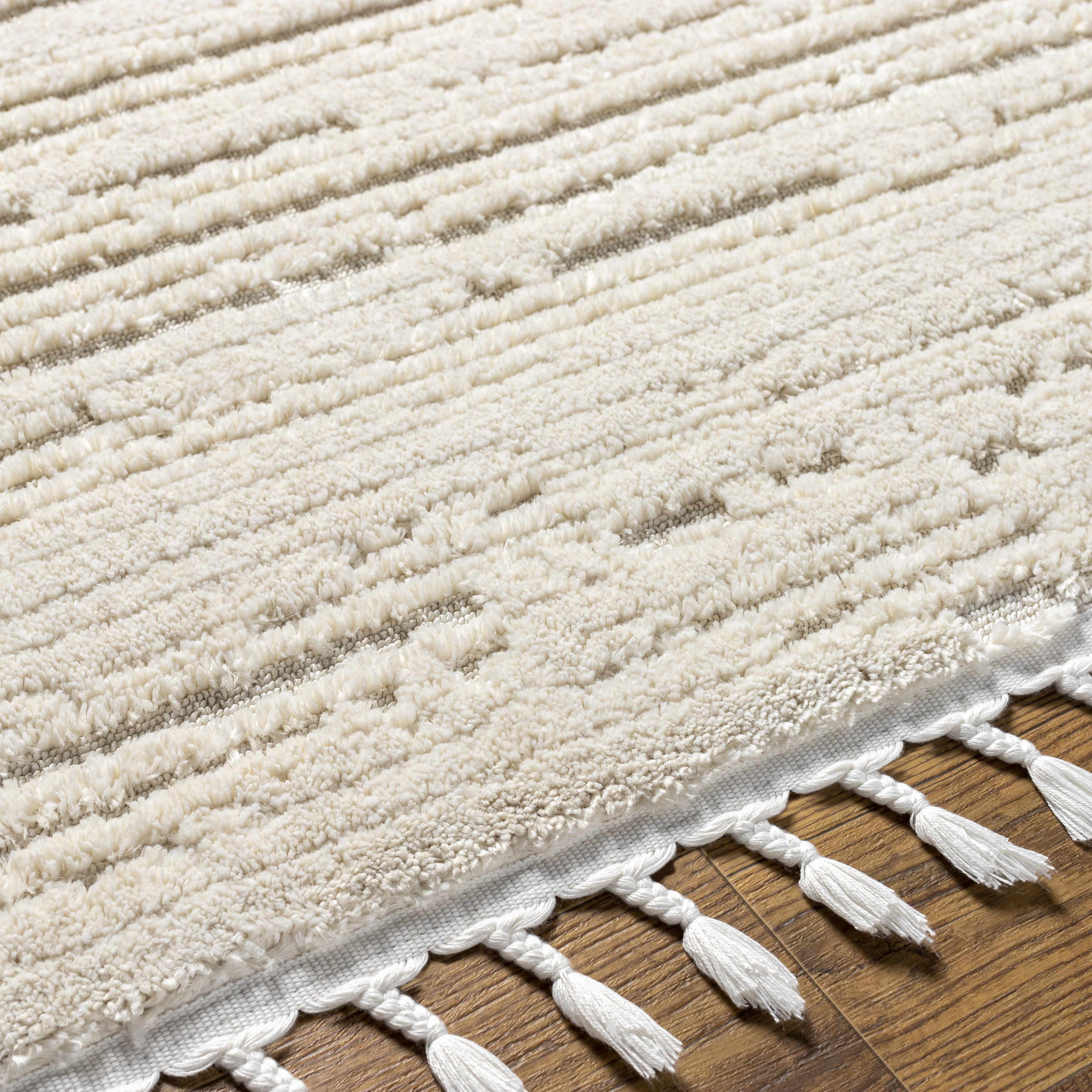 Ibarra Textured Ivory High/Low Pile Rug with Tassels - Image 14