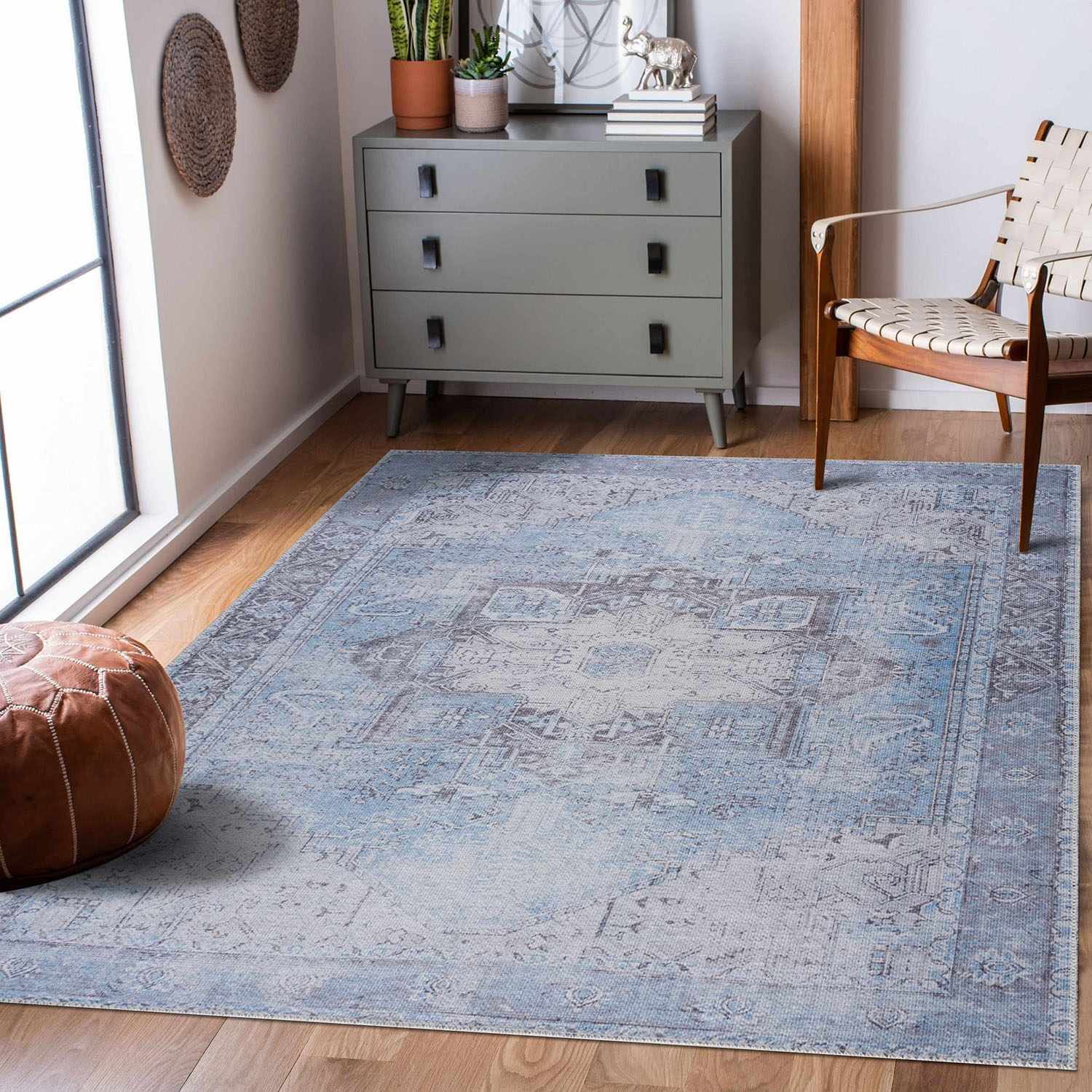Ice Blue Flat Pile Washable Rug - Clearance - Image 3