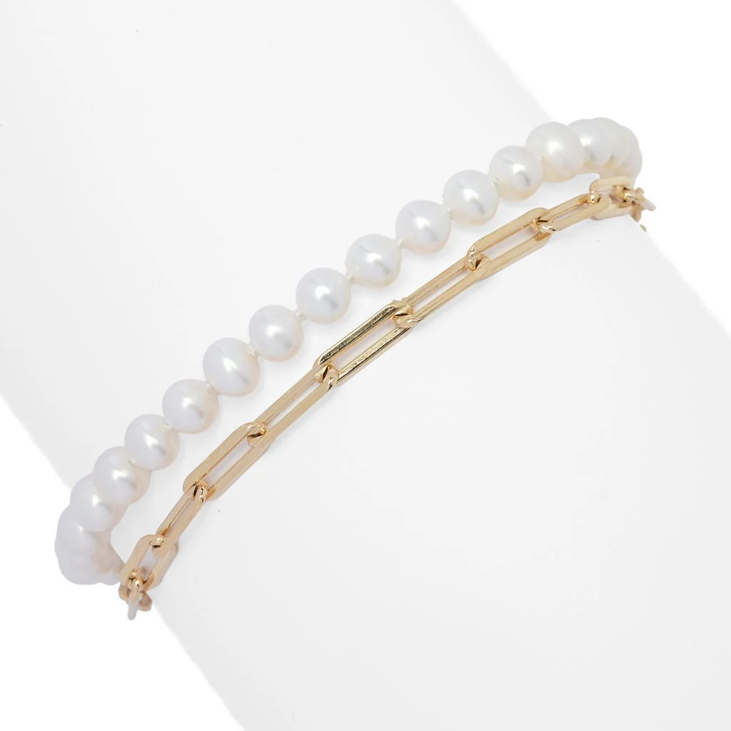 Imperial Pearl Freshwater Cultured Pearl & Paperclip Chain 2-Row Bracelet - Image 3